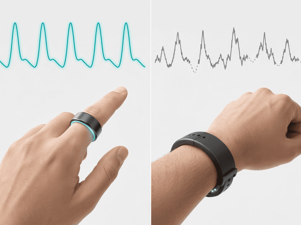 Comparison of smooth finger-based sensor waveform and disrupted wrist-based sensor waveform
