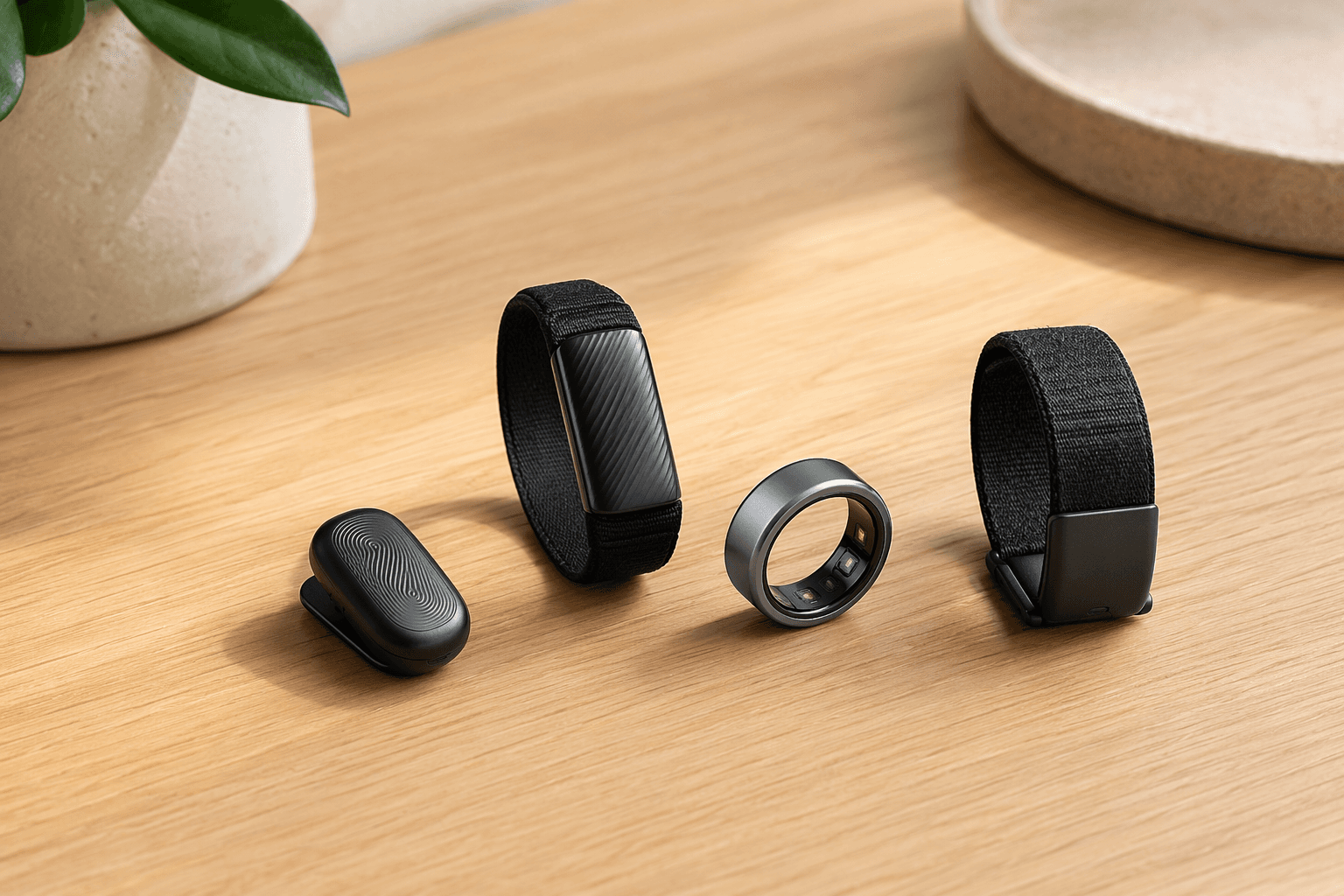Four screenless fitness trackers arranged on a wooden desk: Fitbit Air, Amazfit Helio Strap, Oura Ring 4, and Whoop 5.0