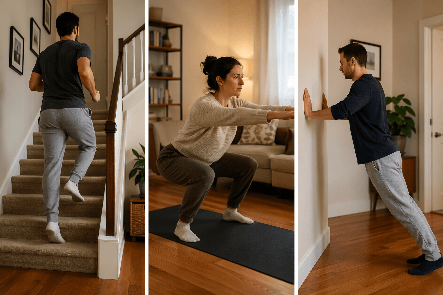 A three-panel triptych showing stair climbing on a home staircase (left), a bodyweight squat on a yoga mat (center), and a slow controlled eccentric movement like a wall sit (right).