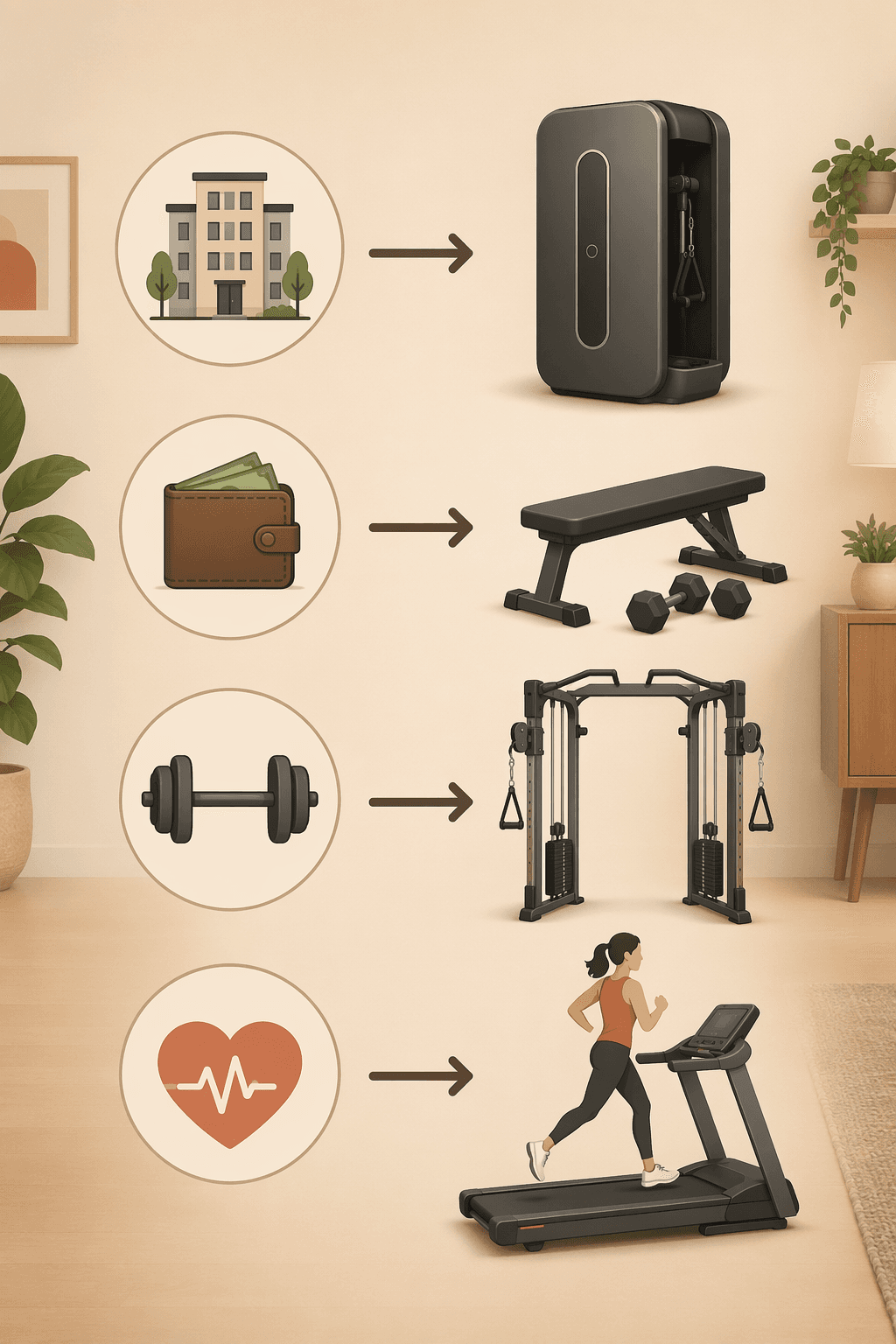 A warm-toned flat illustration decision matrix with four user icons connected to matching machine silhouettes.