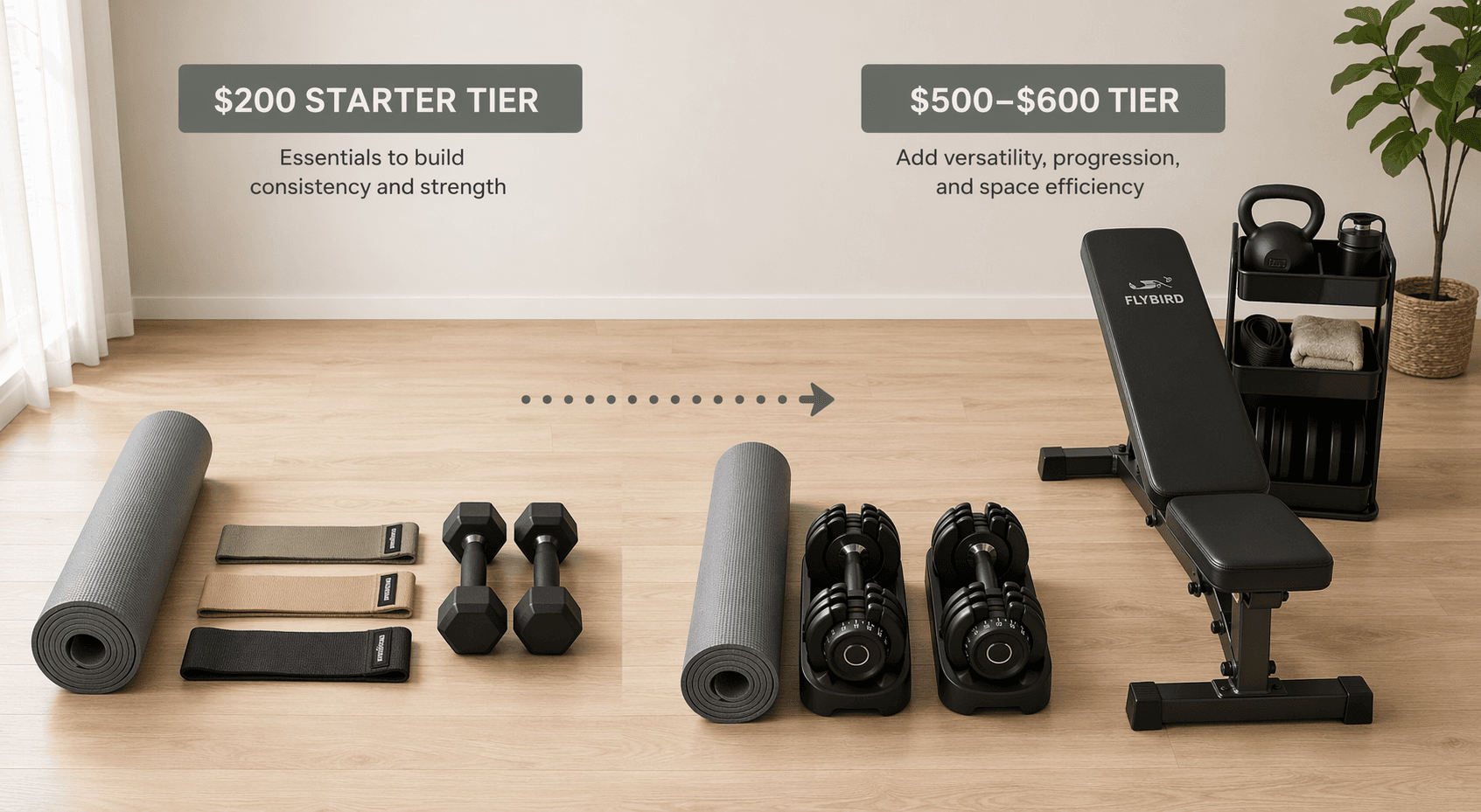 Flat-lay composition on a light hardwood floor showing two home gym setups connected by a dotted progression line. Left side: a rolled yoga mat, fabric resistance bands, and one pair of matte black dumbbells for the $200 starter tier. Right side: the same mat plus adjustable dumbbells, a compact foldable weight bench, and a small storage rack for the $500–$600 tier.