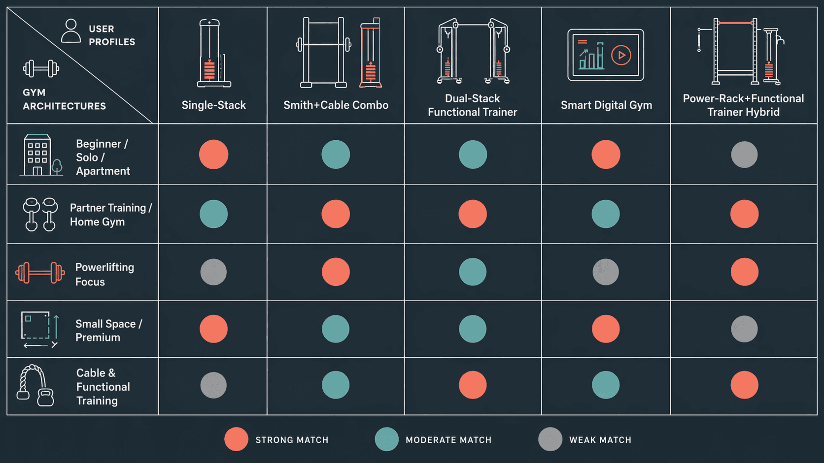 Decision matrix grid with user profile types on the left (beginner solo apartment, partner training, powerlifting focus, small space premium, cable functional training) and the five gym architectures across the top. Cells contain coral, teal, or gray circles indicating fit strength.