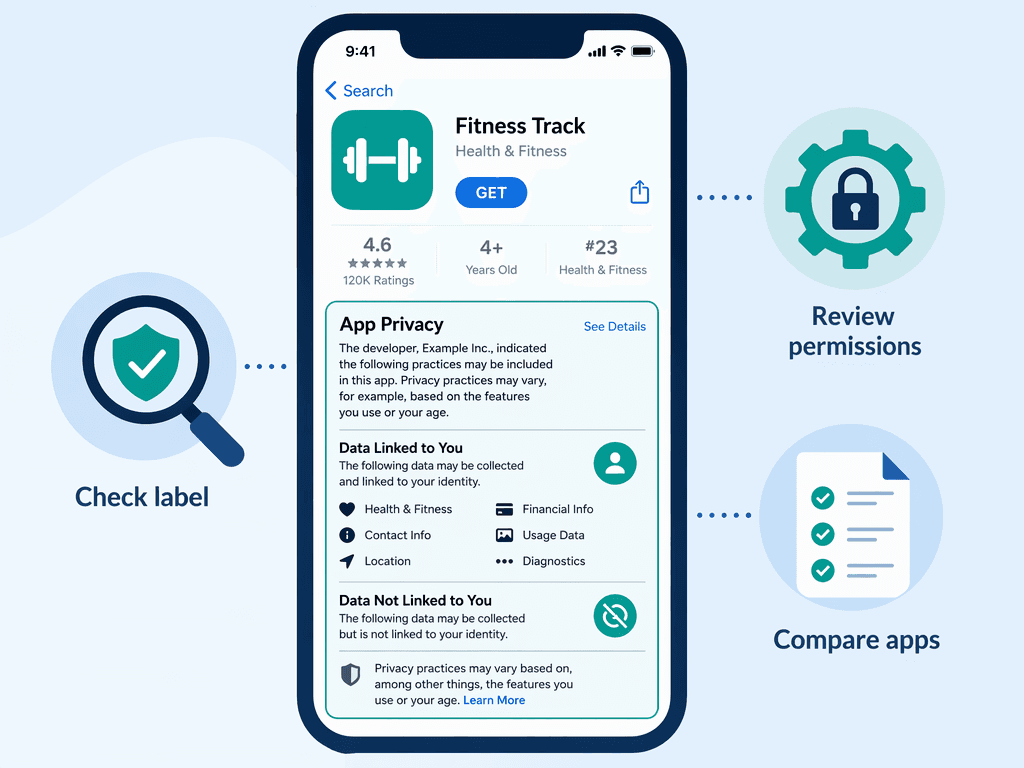 Editorial illustration showing a smartphone with an App Store privacy label summary, surrounded by three icons: check the label, review permissions, and compare apps.