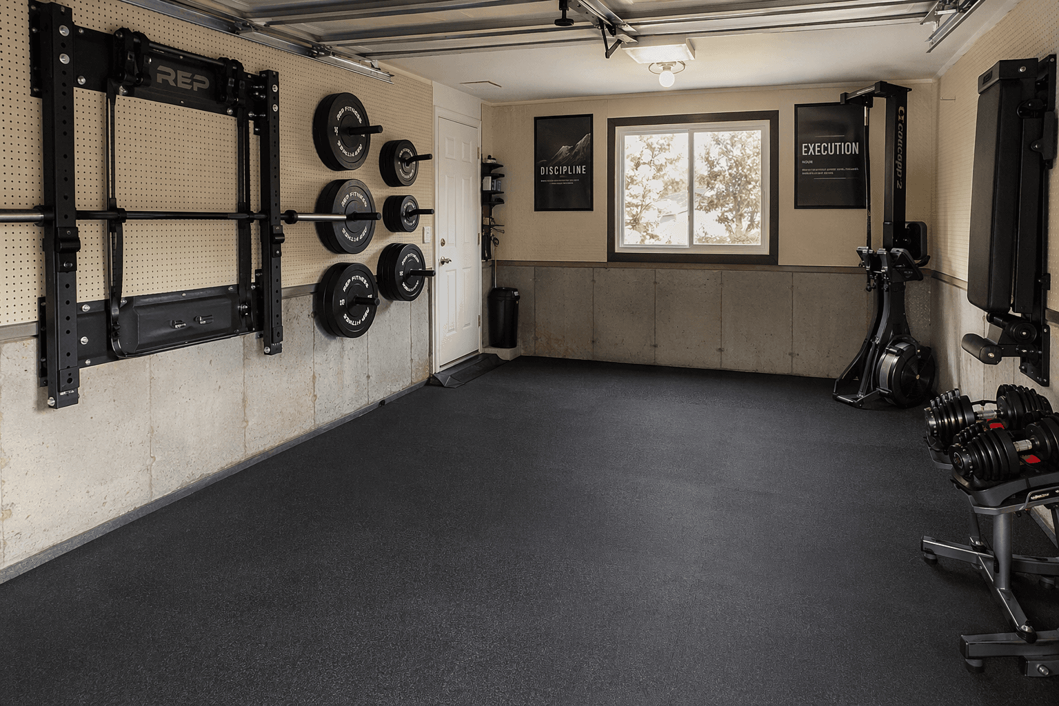 Bright single-car garage home gym with black rubber stall mat flooring covering the concrete. A wall-mounted foldable squat rack and barbell are on the left wall with weight plates stored above. An adjustable bench stands vertically on the right next to a small dumbbell stand. A rowing machine is upright in the corner. Pegboard storage on concrete walls, natural daylight through a window.