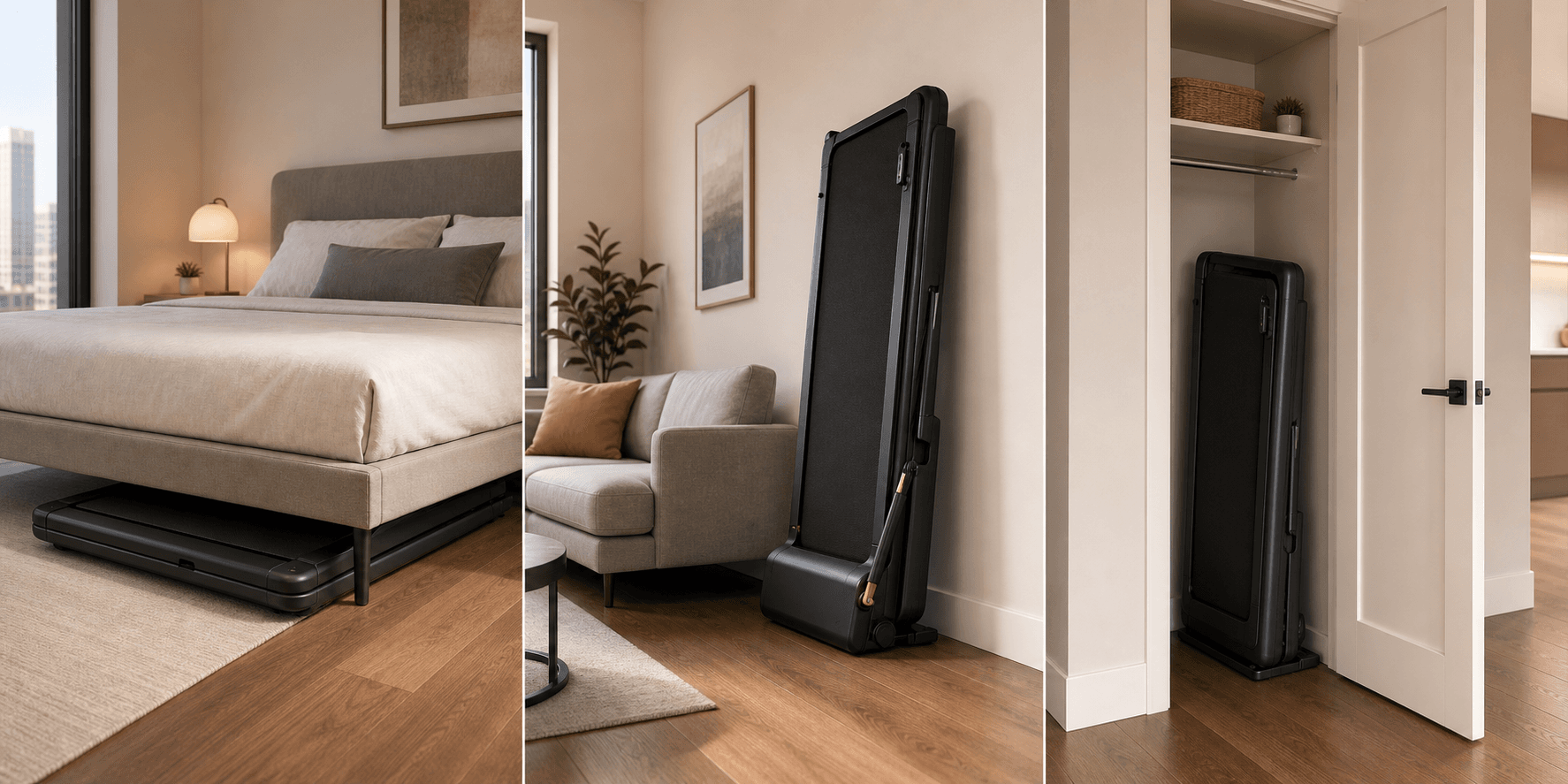 Three-panel comparison illustration: a flat-fold treadmill slides under a bed frame on the left, a vertically-folded treadmill stands upright against an apartment living room wall in the center, and a compact treadmill sits inside a closet with the door open on the right, all in a warm modern apartment setting with hardwood floors.