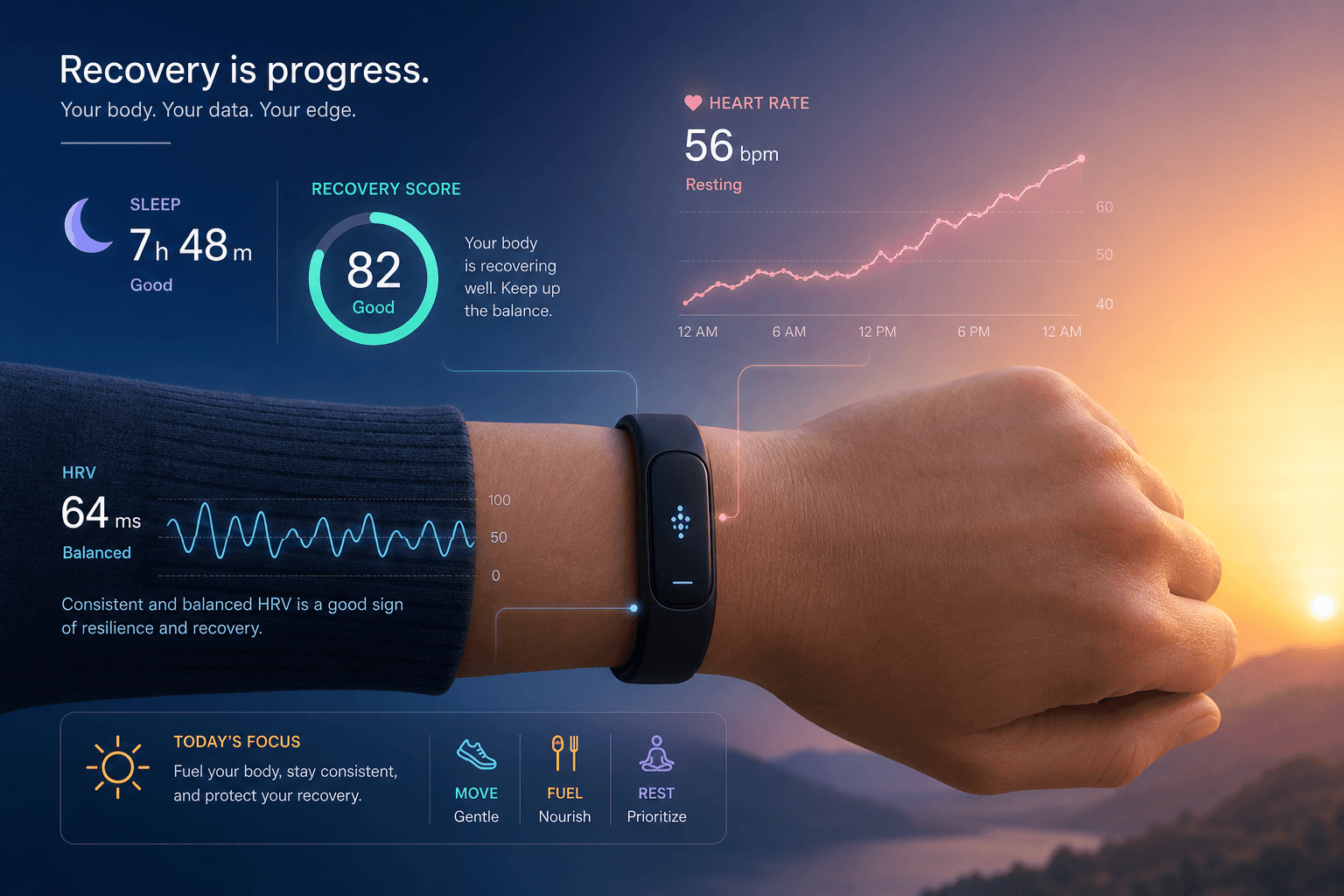 A wrist wearing a fitness tracker band with a soft glowing data overlay showing a heart rate line, a crescent moon for sleep, a circular recovery score gauge, and an HRV waveform against a gradient background from deep blue to warm sunrise tones.