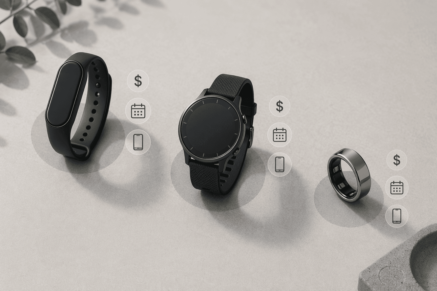 A flat-lay editorial composition on a light grey surface showing three distinct fitness tracker types arranged diagonally: a slim fitness band, a round smartwatch-style tracker, and a sleek smart ring, each resting on subtle circular shadows with small transparent icon labels nearby conveying comparison and decision-making