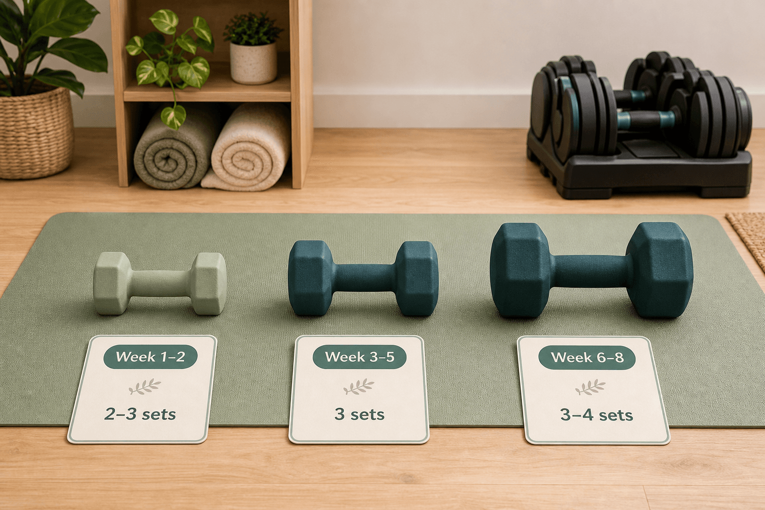 Three dumbbells of increasing size arranged horizontally on a yoga mat, with labeled cards showing weeks 1–2, 3–5, and 6–8.