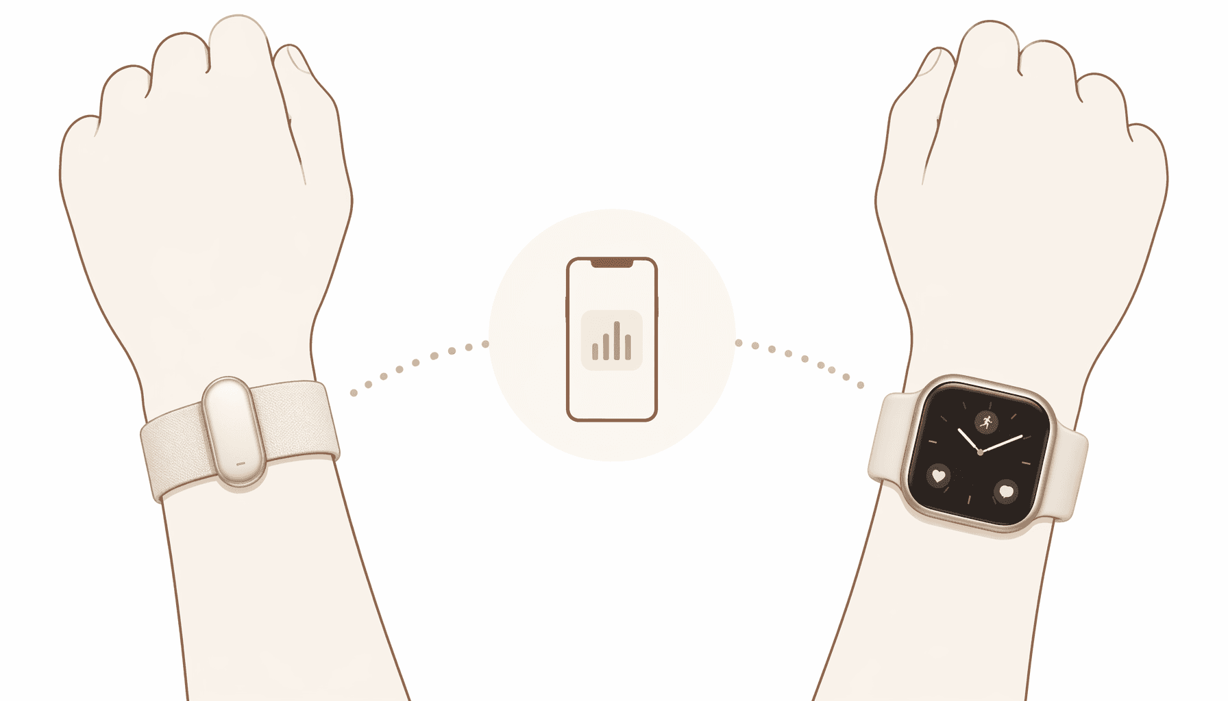 Minimal editorial illustration showing two wrists side by side — one wearing a slim screenless band and the other wearing a smartwatch — with a dotted line indicating data syncing to a phone icon between them.