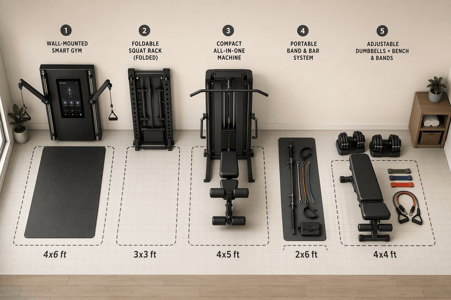 Isometric illustration of five compact home gym setups on a gridded floor, each with outlined footprint dimensions.