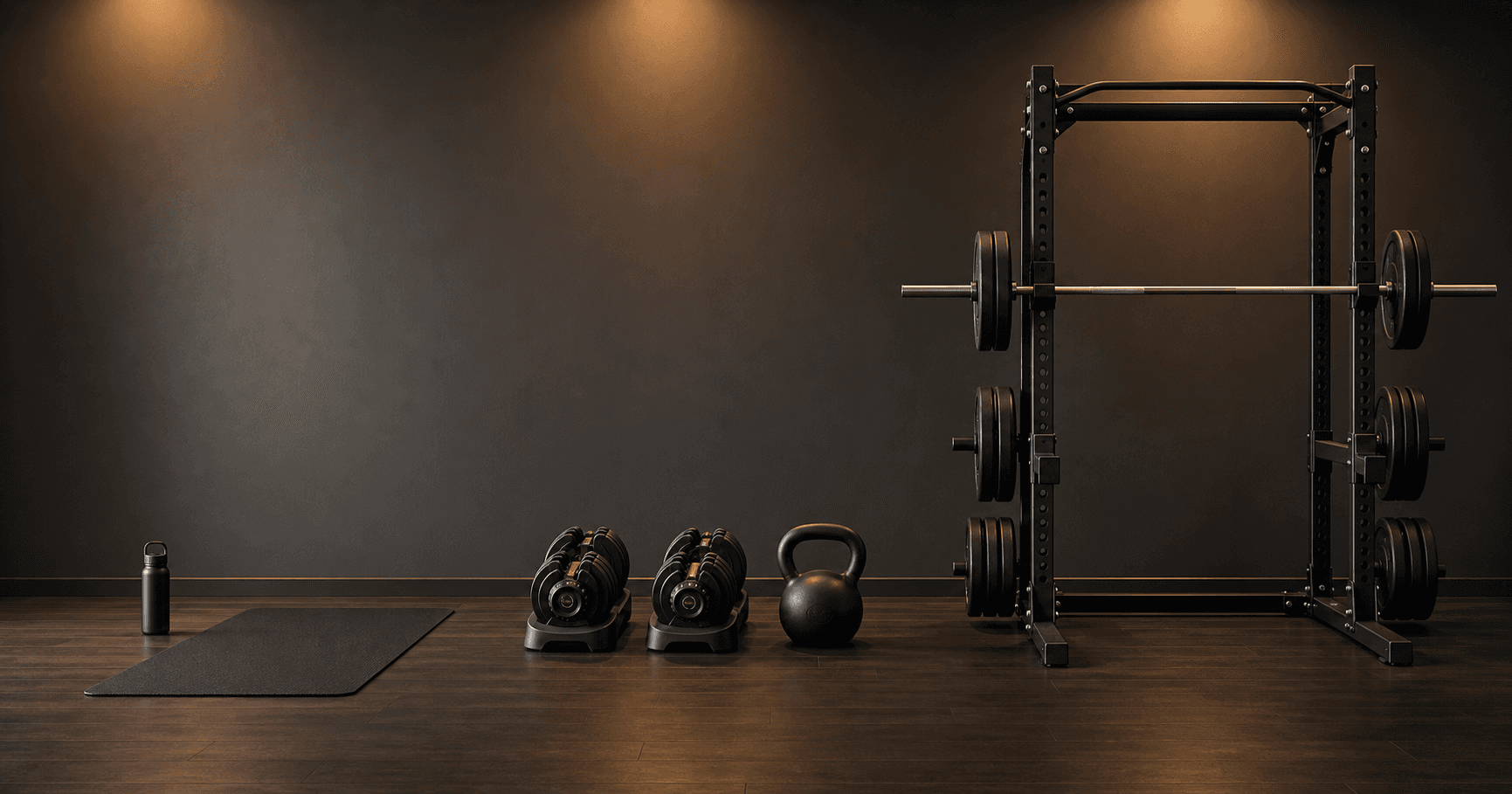 Three home gym equipment setups arranged side by side on a dark wooden floor: a yoga mat and water bottle for bodyweight training on the left, a pair of adjustable dumbbells and a kettlebell in the center, and a barbell on a squat rack with weight plates on the right.