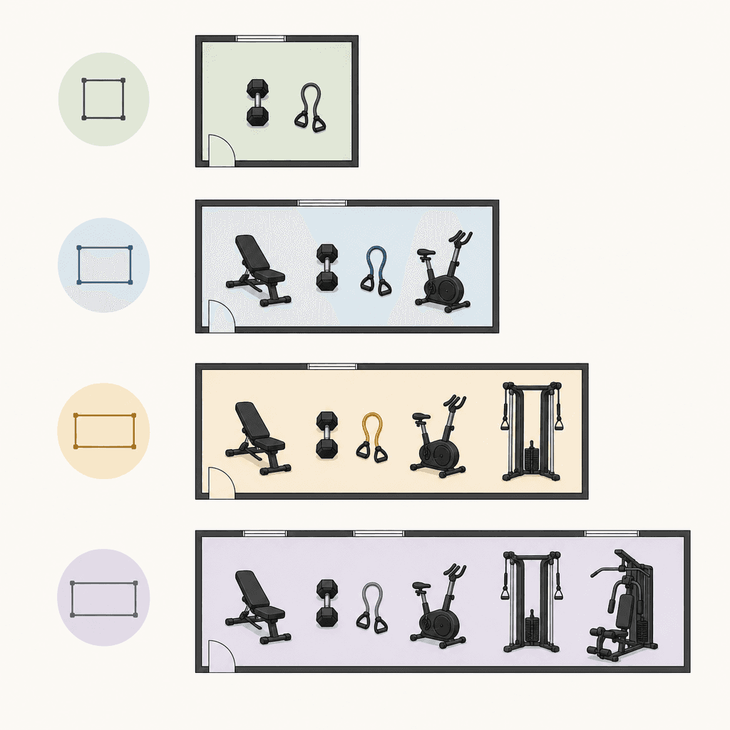 A diagram showing four progressively larger floor-plan rectangles representing space tiers, each containing small equipment icons that expand from a dumbbell and band in the smallest tier to a compact machine in the largest.