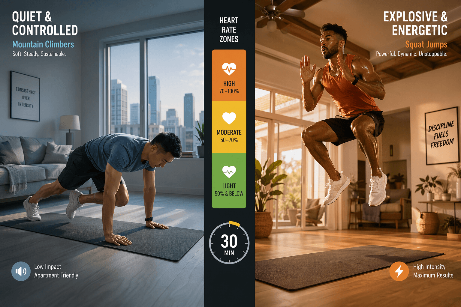Split composition showing a person doing quiet mountain climbers in a muted apartment on the left, and a person doing an explosive squat jump in a brighter open room on the right, with a heart-rate zone indicator and timer icon between them.