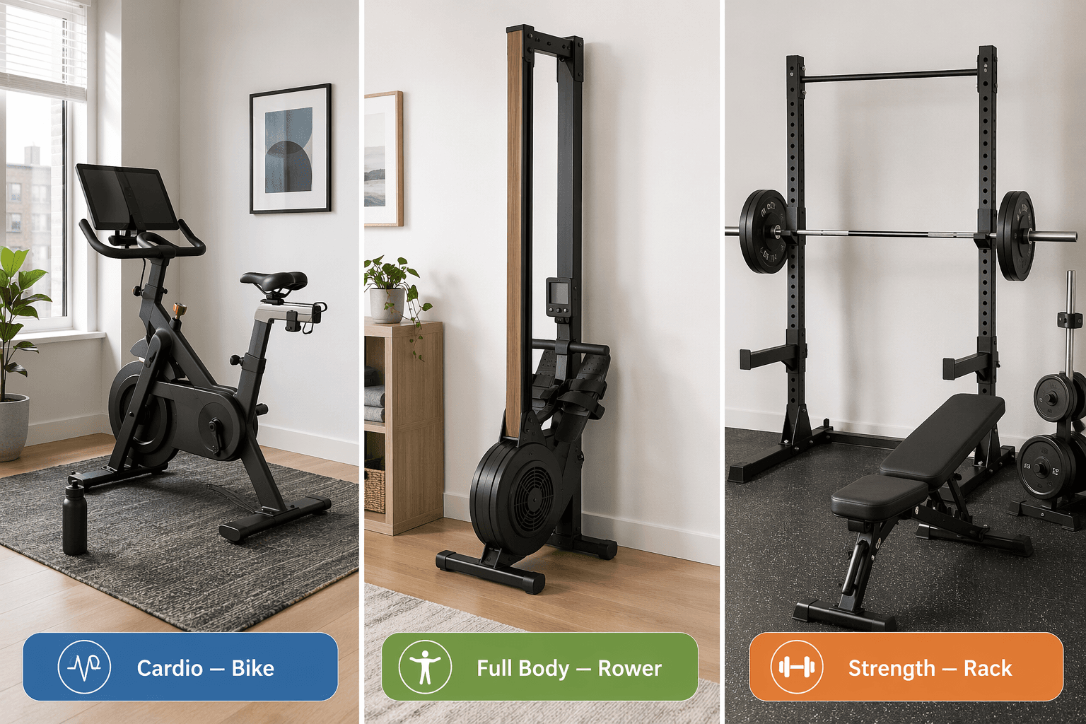 Three-panel comparison: an exercise bike on an apartment rug, a rowing machine stored upright, a minimalist squat rack with barbell, plates, and folding bench. Each panel has a category badge: Bike, Rower, Rack.