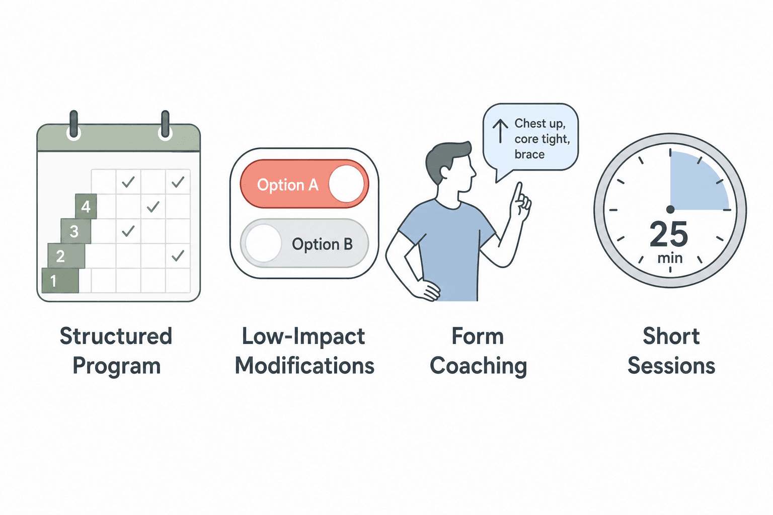 Four flat icons representing the four criteria: Structured Program, Low-Impact Modifications, Form Coaching, and Short Sessions.