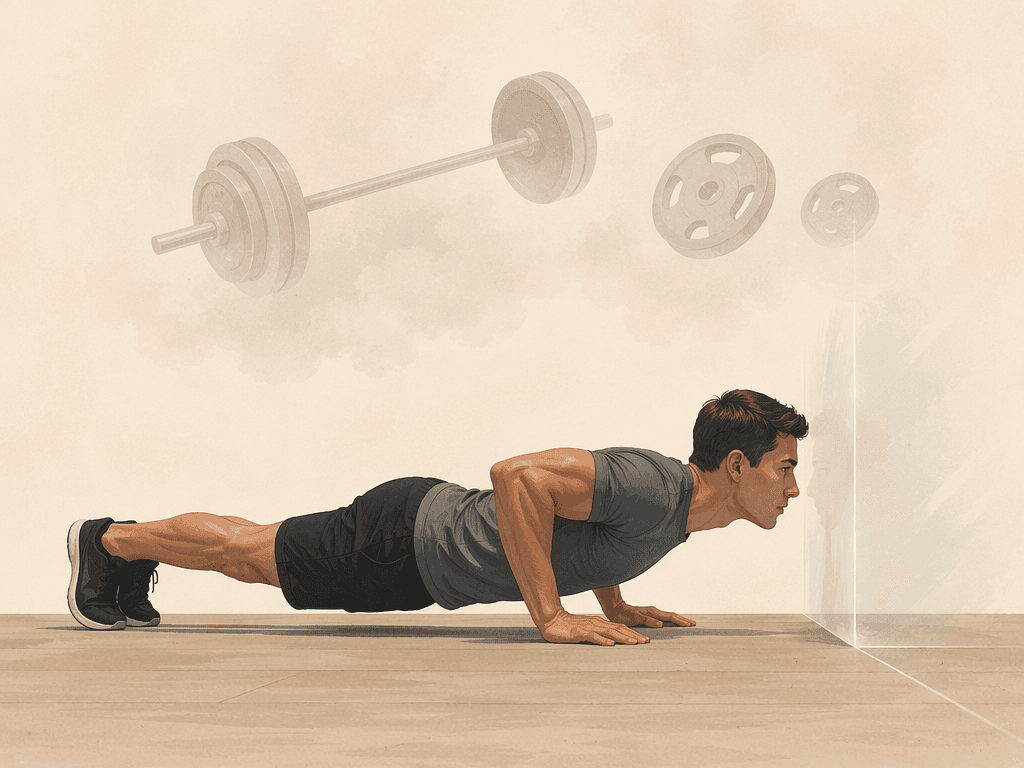 A minimalist editorial illustration of a person doing a push-up on a floor with a subtle glass-like barrier above them they cannot break through, while faded icons of a barbell and weight plates float out of reach above.