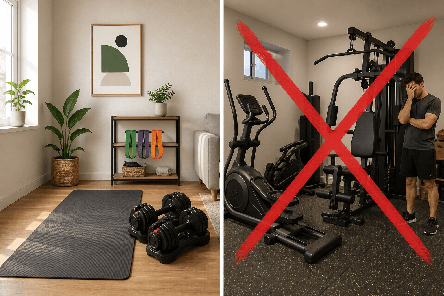 Split comparison: left side shows a compact apartment workout setup with yoga mat, adjustable dumbbells, and bands on a shelf; right side shows a bulky elliptical machine and all-in-one gym tower with a red X icon.