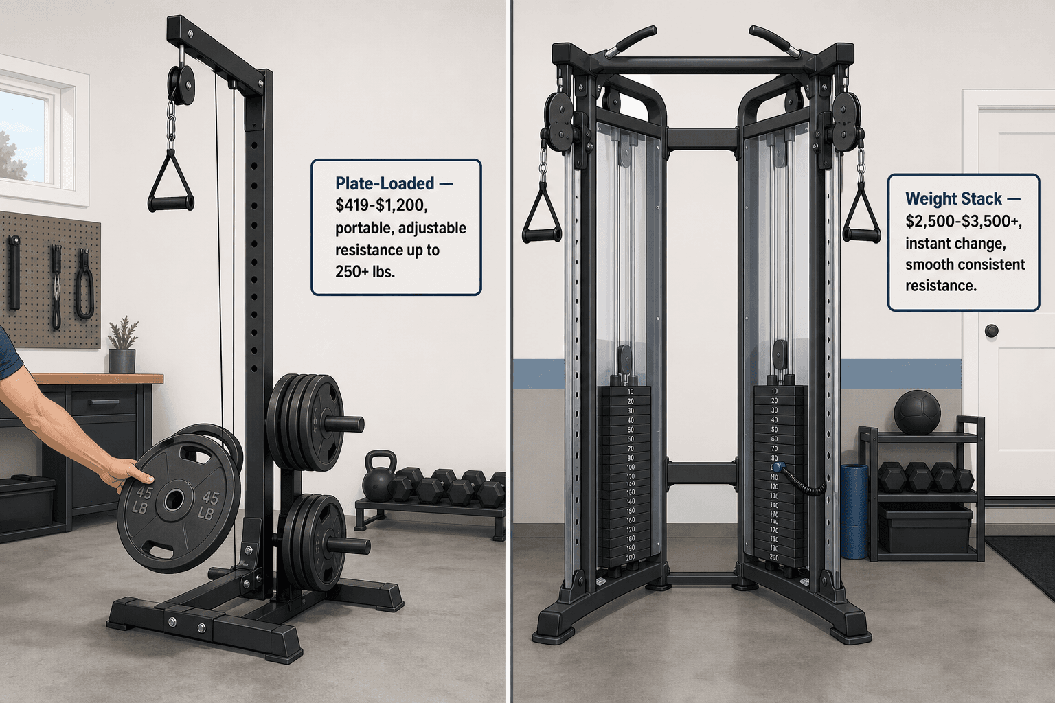 Split-screen flat vector illustration comparing a plate-loaded cable tower (left) with weight plates being placed onto loading pegs and a selector-pin weight stack functional trainer (right) with enclosed stacks and a hand inserting the pin.