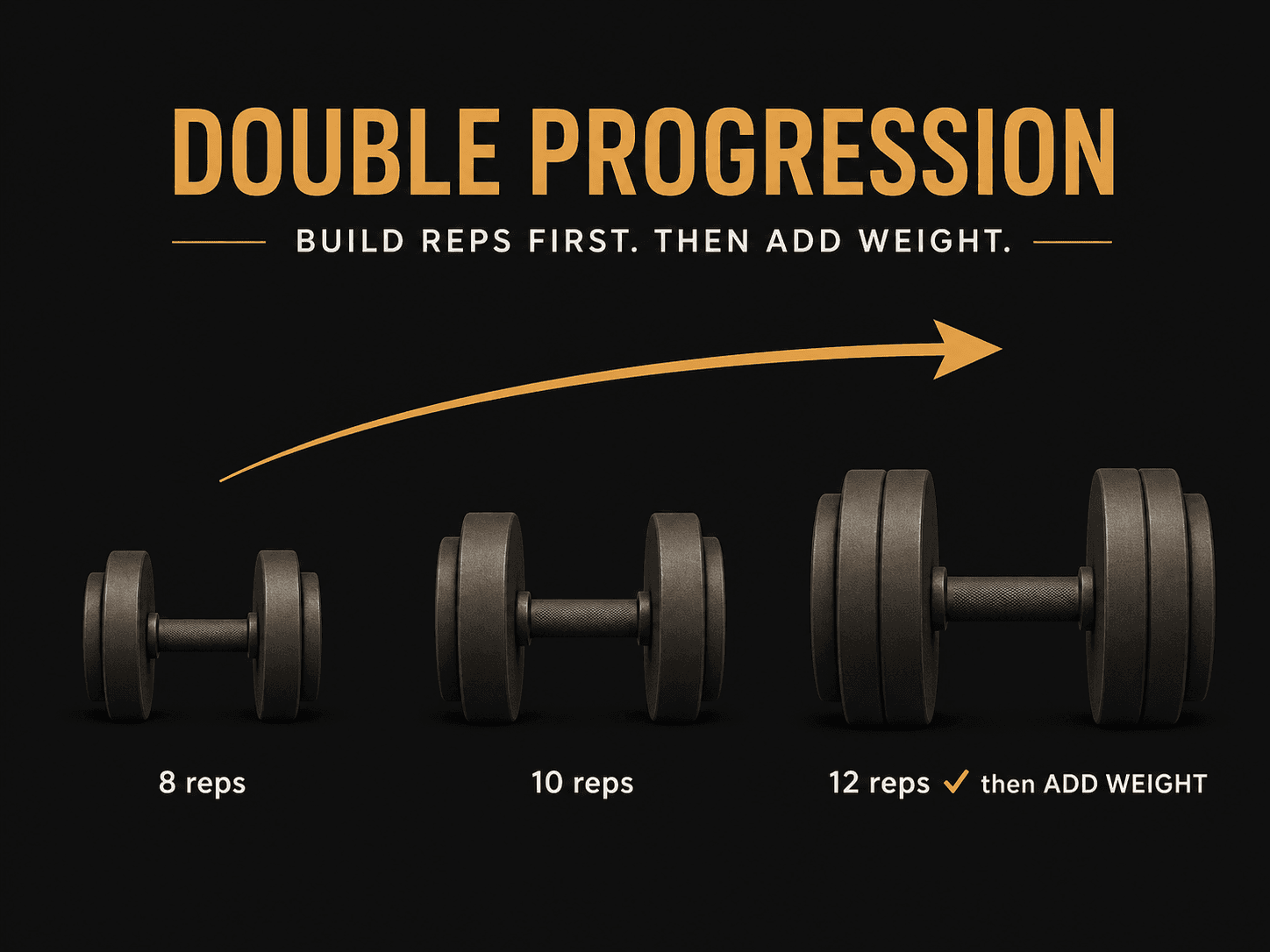 Editorial visual showing three dumbbell icons increasing in size with rep labels 8, 10, and 12, and a checkmark indicating when to add weight.