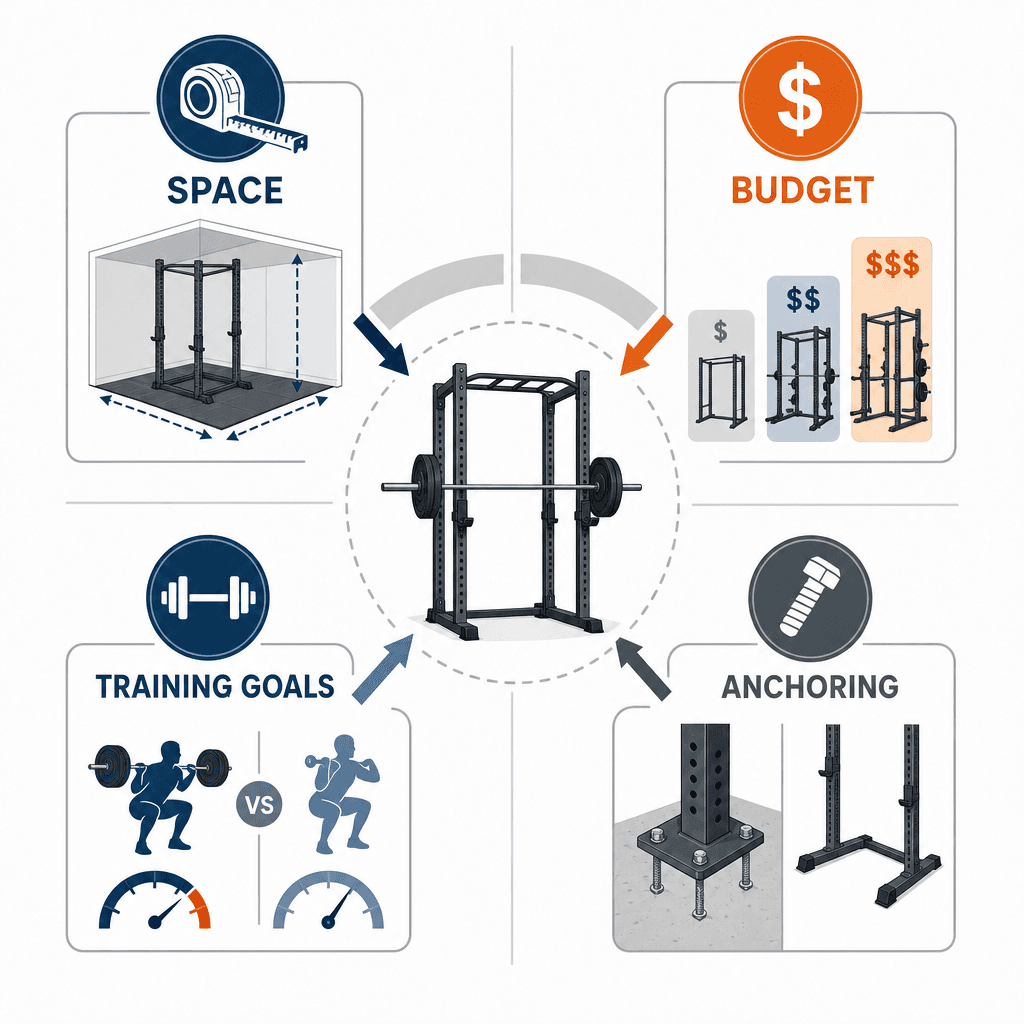 A flat illustration decision framework showing four constraint axes for choosing a squat rack: Space (measuring tape icon), Budget (dollar sign icon), Training Goals (barbell icon), and Anchoring (bolt icon), arranged in a quadrant composition with muted grays, blues, and orange accents.