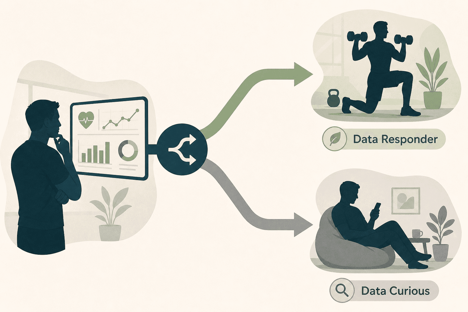 Conceptual editorial illustration showing a two-path decision flow. On the left, a silhouette of a person examines a small fitness data screen. An upward green-toned arrow leads to a silhouette actively working out with weights, labeled 'Data Responder'. A downward neutral gray arrow leads to a silhouette resting while glancing at a phone, labeled 'Data Curious'. Minimalist abstract silhouettes, dark teal, sage green, and warm gray palette, no logos or faces.