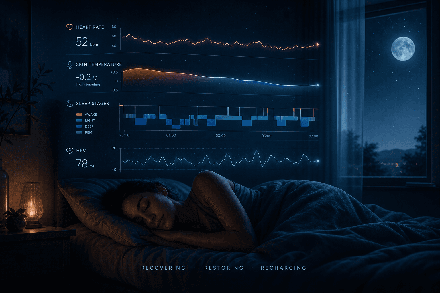Dark bedroom scene with a sleeping person under moonlight; translucent glowing biometric data visualizations float above showing heart rate line, temperature gradient, sleep stage timeline, and HRV waveform.