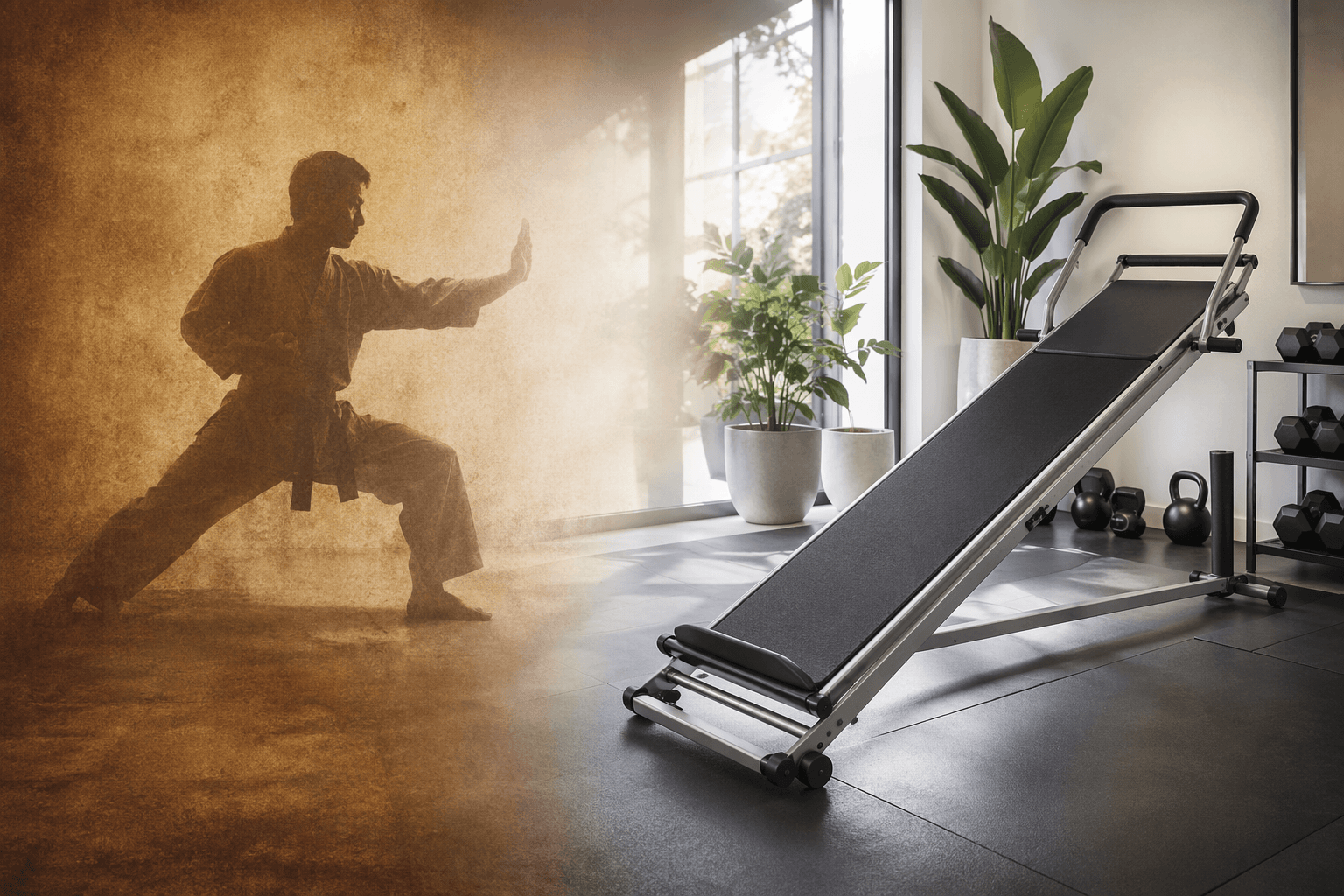 Split composition showing a sepia-toned martial artist silhouette transitioning to a modern home gym with a sleek incline bodyweight machine.