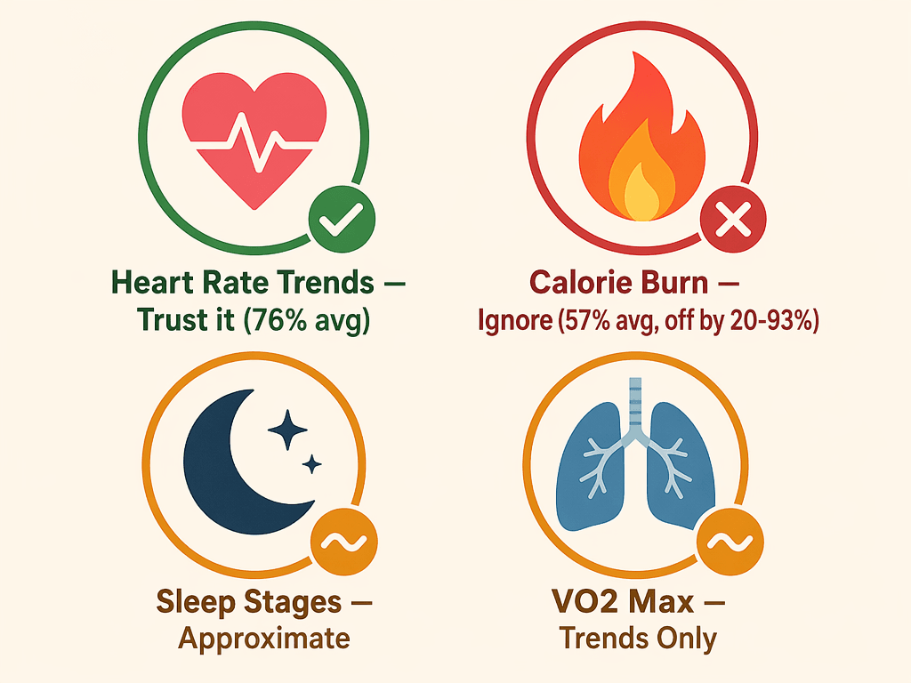 A trust vs. ignore decision framework showing four metric icons in a two-by-two grid: a heart icon in a green circle with checkmark labeled 'Heart Rate Trends — Trust it (76% avg)', a flame icon in a red circle with X labeled 'Calorie Burn — Ignore (57% avg, off by 20-93%)', a crescent moon icon in an amber circle labeled 'Sleep Stages — Approximate', and a lungs icon in an amber circle labeled 'VO2 Max — Trends Only', in clean flat vector style.