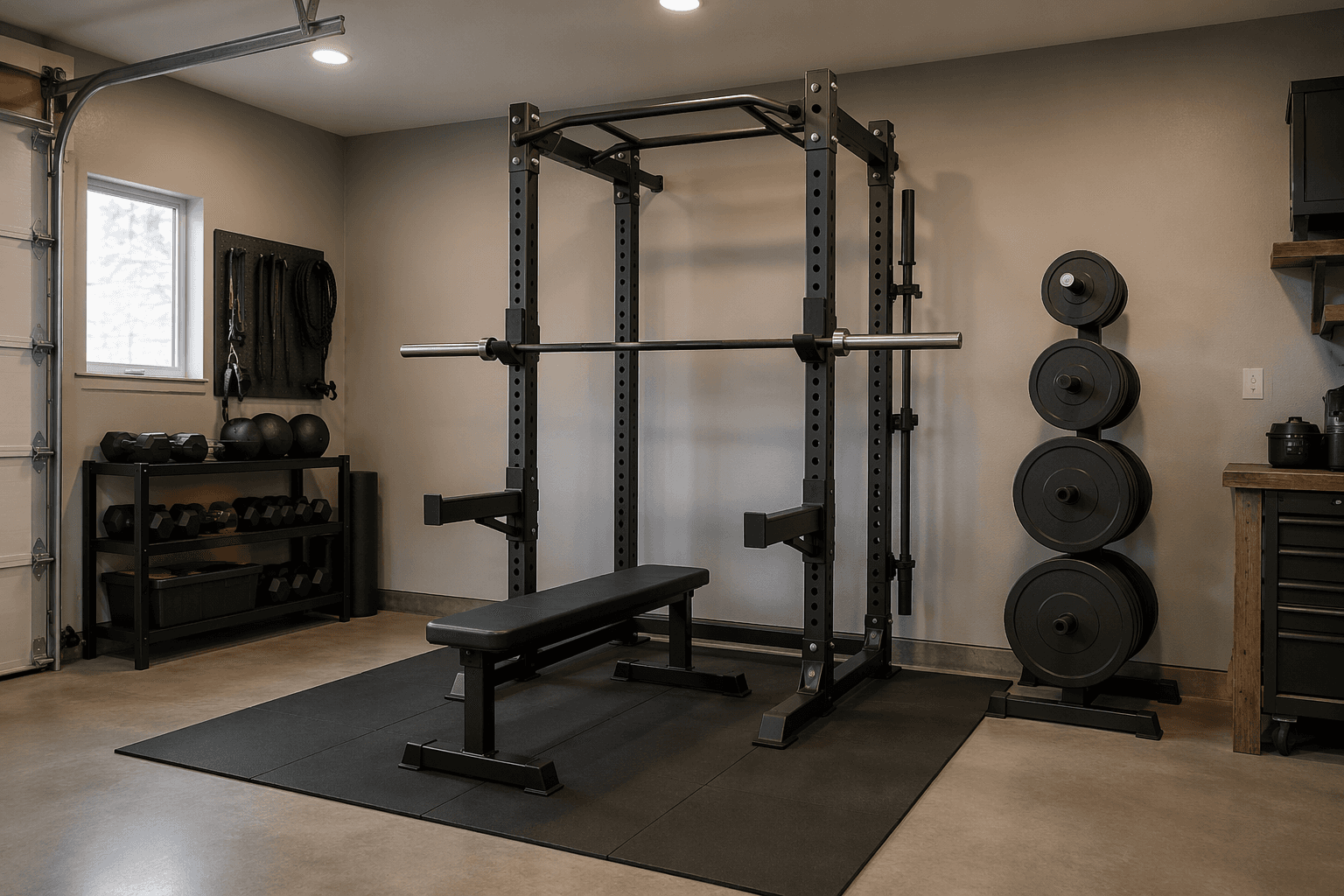 A wide-angle editorial photograph of a home garage gym with a dark grey power rack, a barbell loaded on J-hooks, a flat bench positioned in front, and bumper plates organized on a vertical plate tree beside the rack.