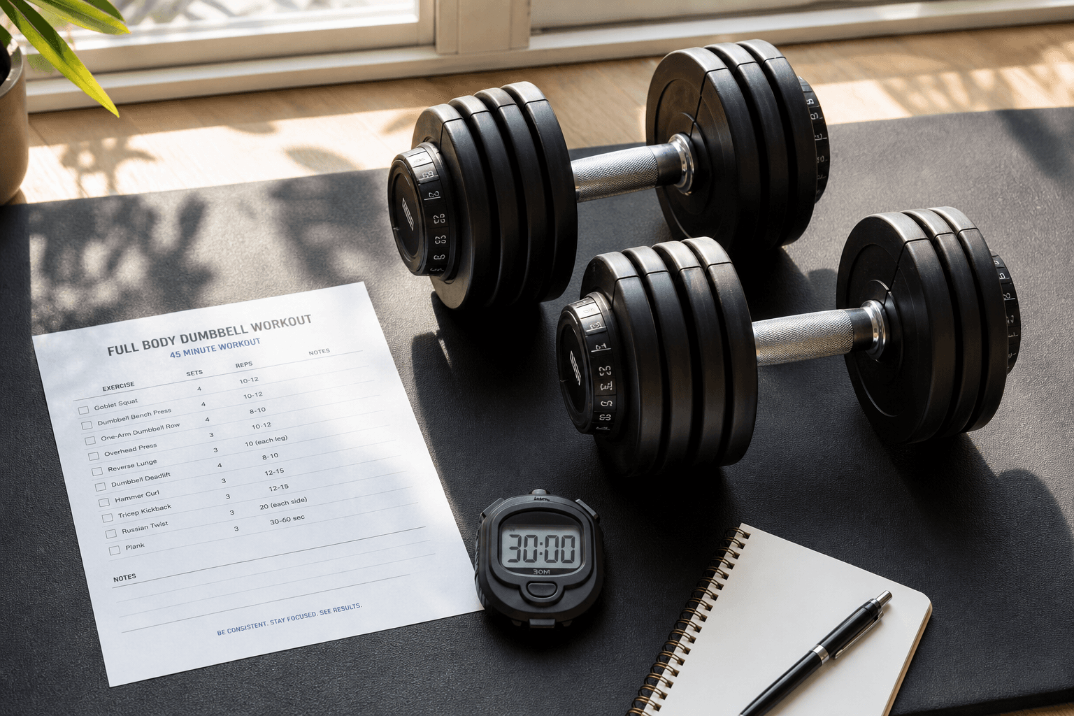 Flat-lay photograph of adjustable dumbbells on a mat with a workout sheet, timer, notebook, and pen in warm morning light.