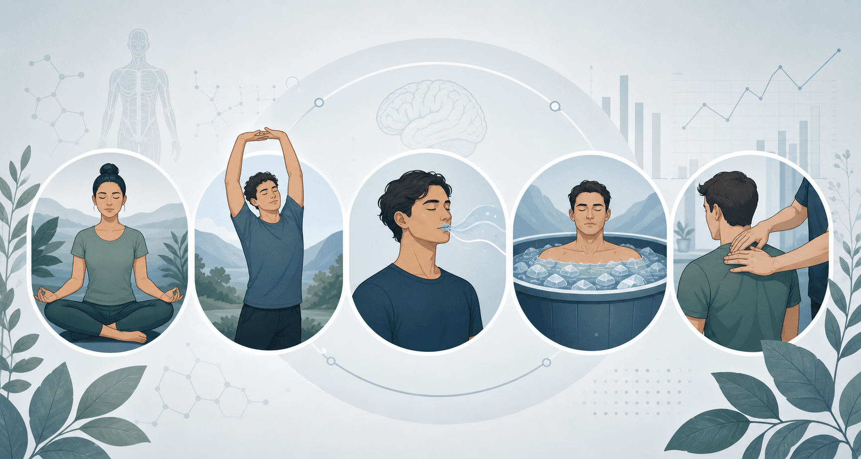 Editorial illustration showing five recovery activity icons in a horizontal layout: seated meditation figure, person stretching arms overhead, person with gentle breath waves, person submerged in an ice bath up to shoulders, and hands giving a shoulder massage.
