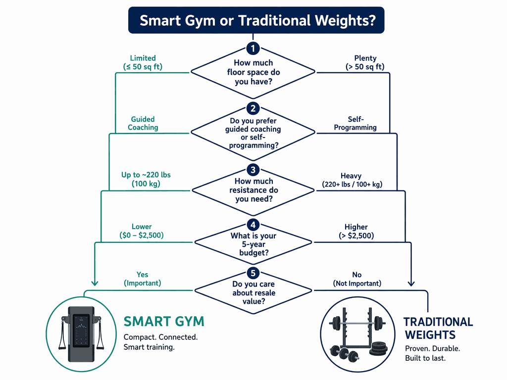 Clean decision flowchart infographic starting with 'Smart Gym or Traditional Weights?' branching through five diamond-shaped decision nodes about space, coaching, resistance, budget, and resale value, leading to smart gym or traditional free weights icon outcomes in navy and teal flat vector style.