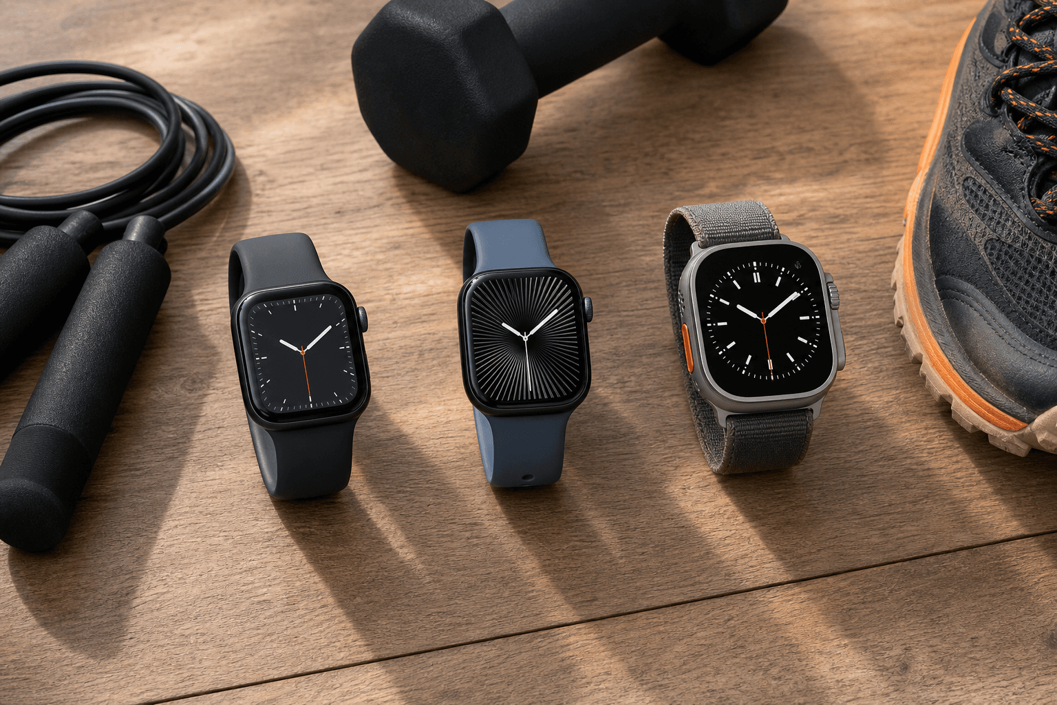 A flat lay editorial composition showing three Apple Watch models arranged on a wooden surface with corresponding fitness accessories. From left to right: an Apple Watch SE 3 with sport band beside a jump rope, an Apple Watch Series 11 with a sleek band beside a small dumbbell, and an Apple Watch Ultra 3 with its titanium case and orange action button next to a trail running shoe.