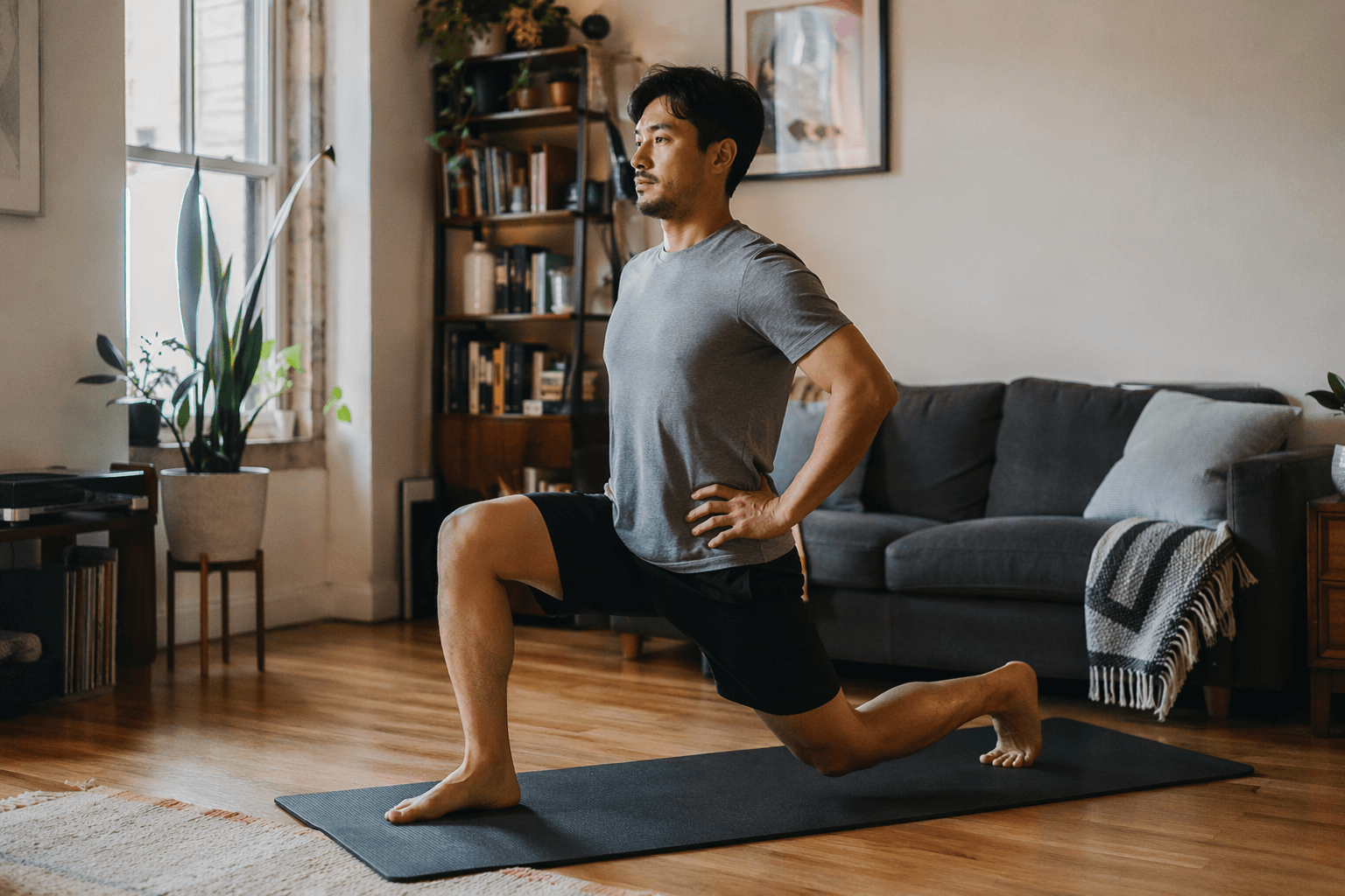 A person in athletic clothing performs a controlled forward lunge on a yoga mat in a small apartment living room. A couch, bookshelf, and houseplant are visible in the background with soft natural light coming through a window.