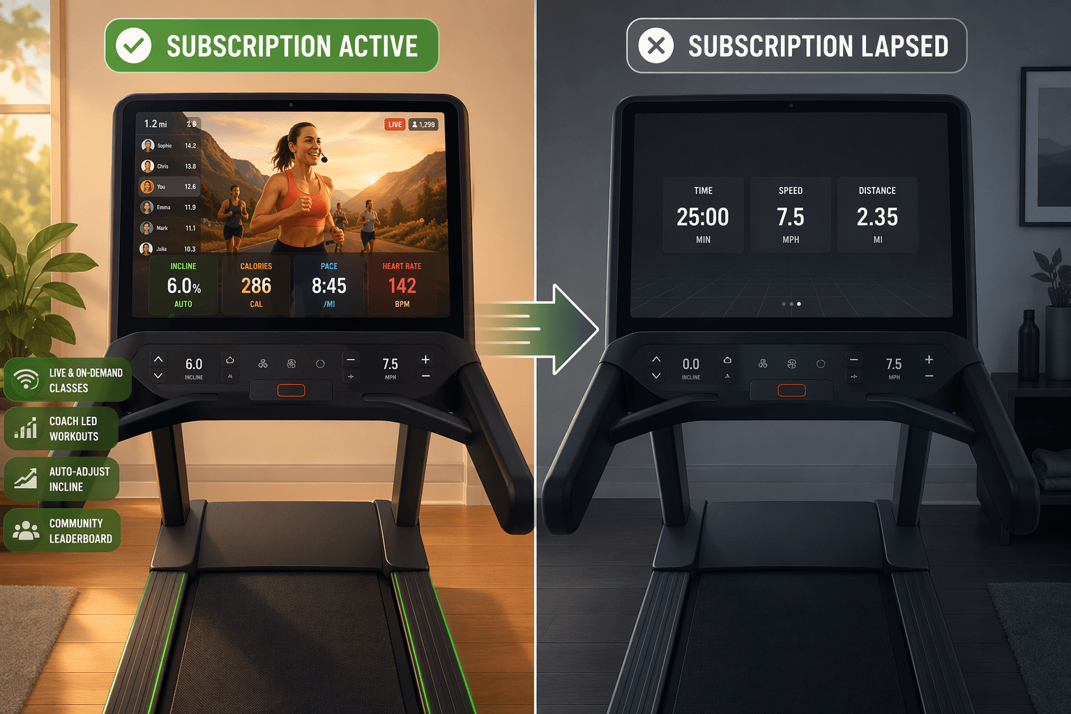 Split comparison editorial illustration of a connected treadmill in two states: left panel with subscription active shows a bright touchscreen displaying a coach-led running class with full metrics; right panel with subscription lapsed shows a dark screen with only basic manual mode metrics.