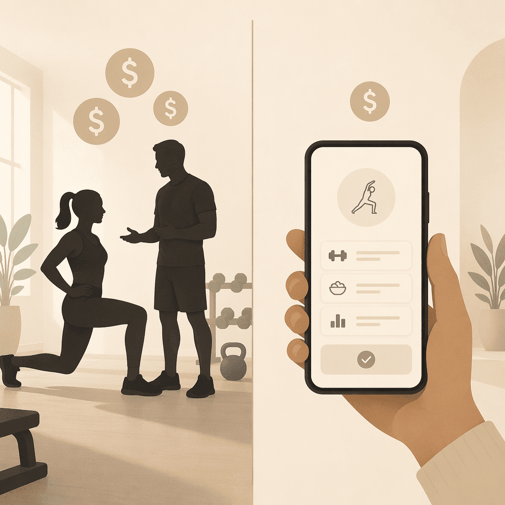 A side-by-side comparison visual with a person and trainer silhouette on the left with small dollar sign icons representing $50-$150 per session, and a smartphone held in a hand on the right with a single dollar sign icon representing $0-$200 per month.