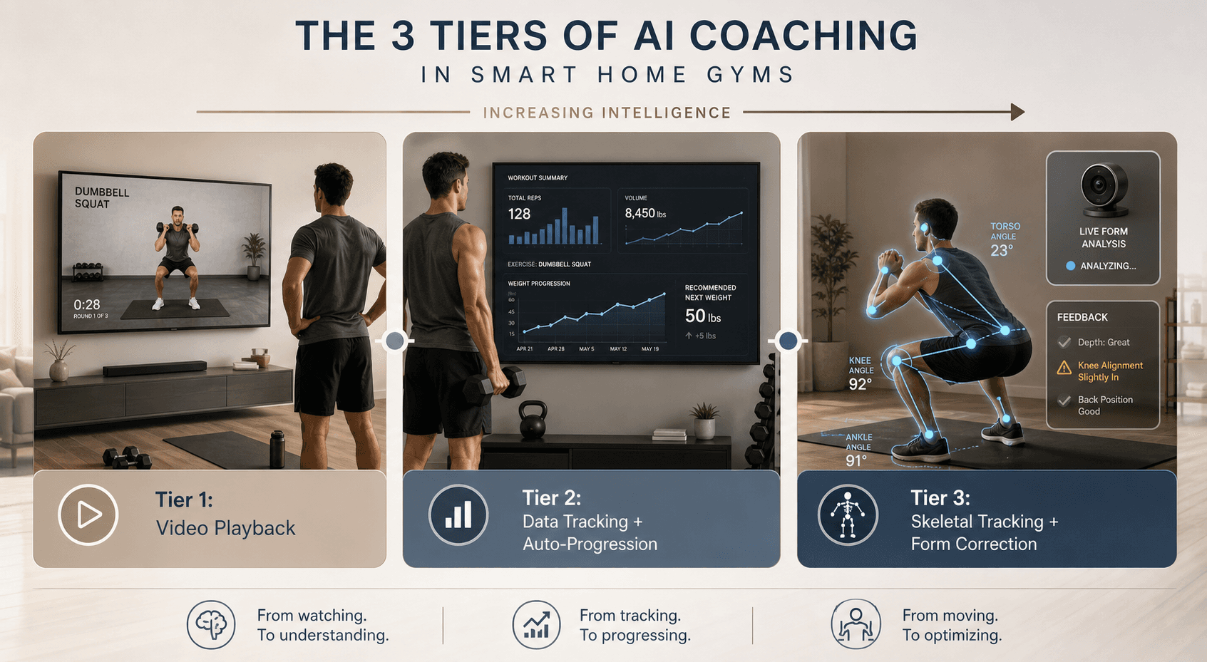 Three-panel editorial illustration comparing AI coaching tiers: left panel shows a TV screen with a workout video and a silhouette person (Tier 1: Video Playback), middle panel shows a person lifting weights with data charts on screen (Tier 2: Data Tracking), right panel shows a person doing a squat with glowing blue skeletal tracking dots and joint angle lines (Tier 3: Skeletal Tracking), all in muted blue-gray and taupe tones with connecting arrows.