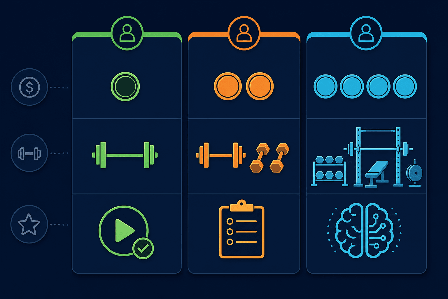 A three-column decision matrix with beginner (green), intermediate (orange), and advanced (cyan) tiers, each showing icon-based indicators for price level, equipment needs progressing from barbell to full gym, and key features from guided programming to AI adaptation, on a dark navy background