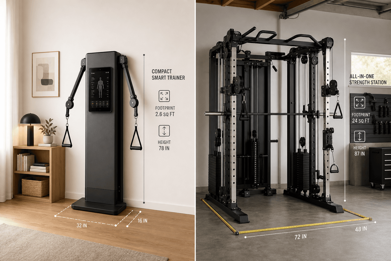 Split-composition product scene showing two all-in-one home gym machines at different scales: left side a compact smart trainer with digital screen and cable arms in a bright apartment corner, right side a large multi-stack machine with Smith machine and cable pulleys in a garage, with floor dimension markers at the base of each machine