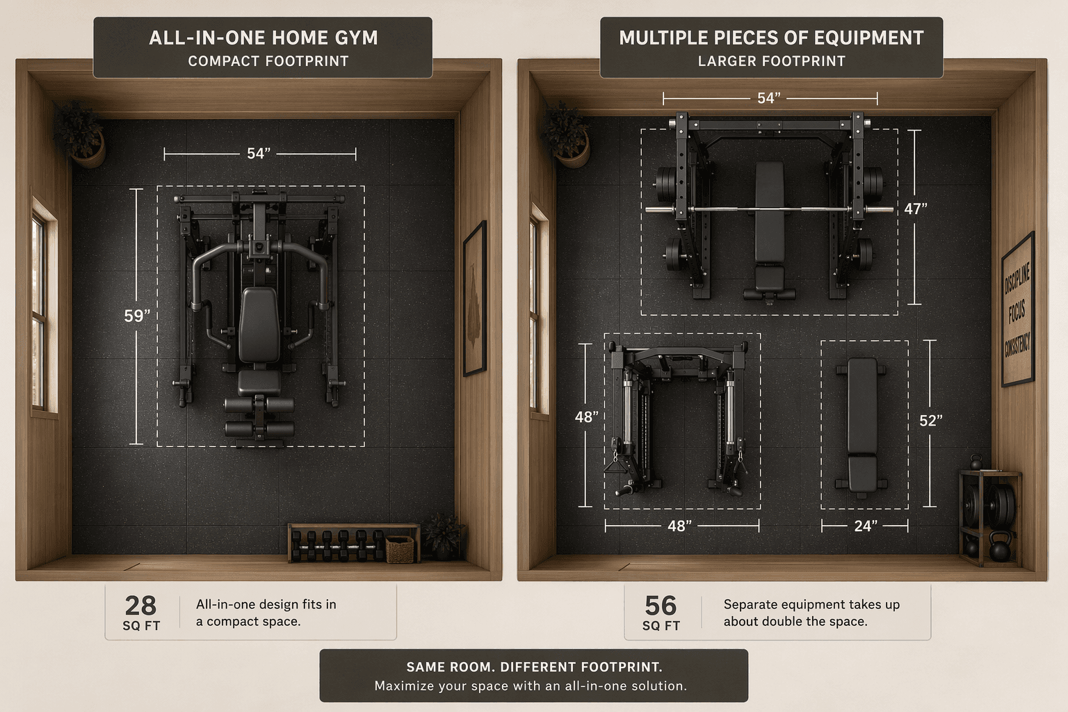 Top-down layout comparison: a compact all-in-one machine footprint on the left vs. separate power rack, functional trainer, and bench spread across roughly double the floor area on the right.
