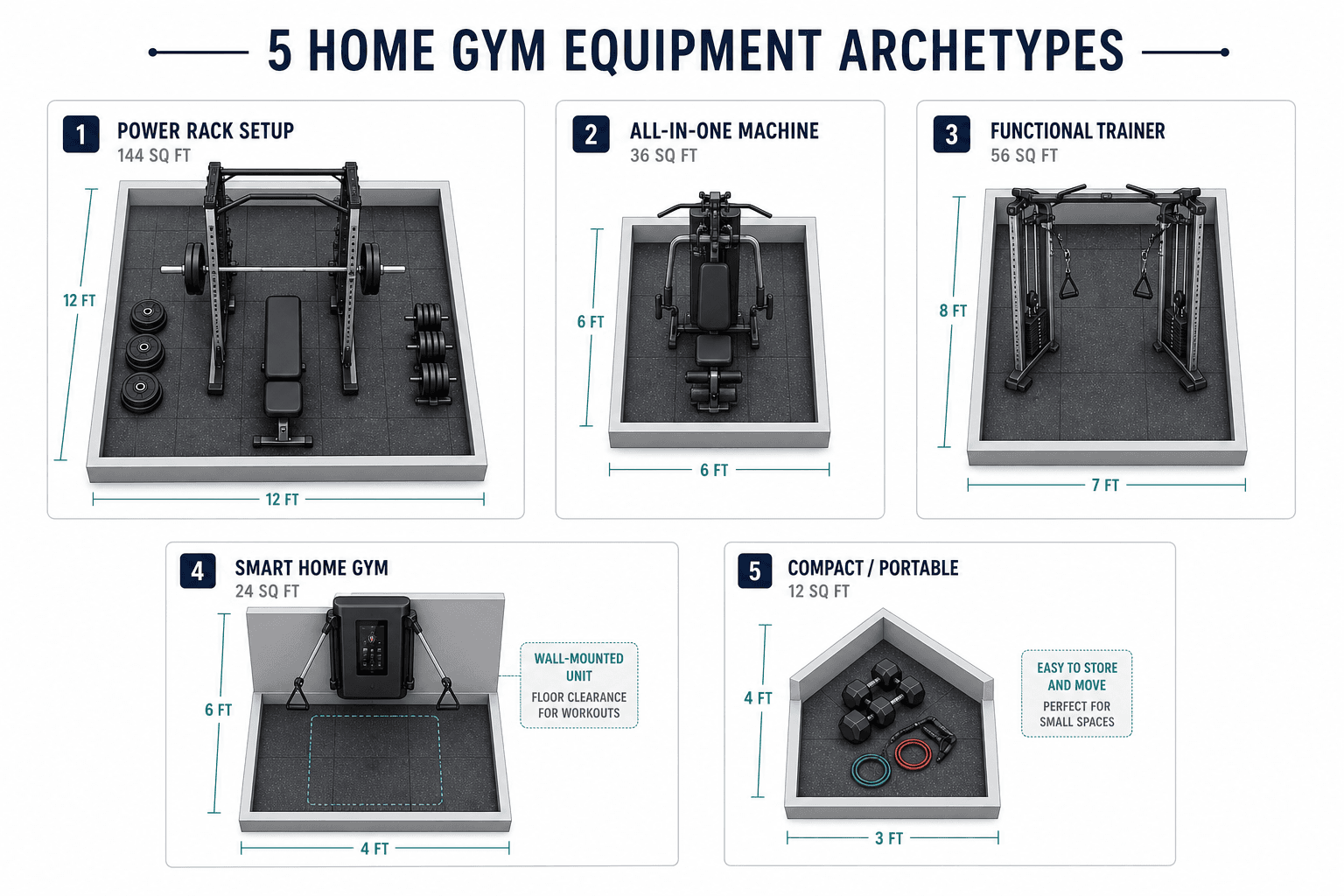 A comparison infographic showing five home gym archetypes as scaled isometric floor plan footprints with square footage labels.