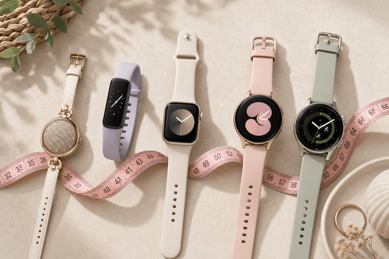 A flat-lay editorial photograph on a soft beige surface showing five different fitness tracker watches arranged in a comparison layout, with a soft fabric measuring tape curving through the composition.