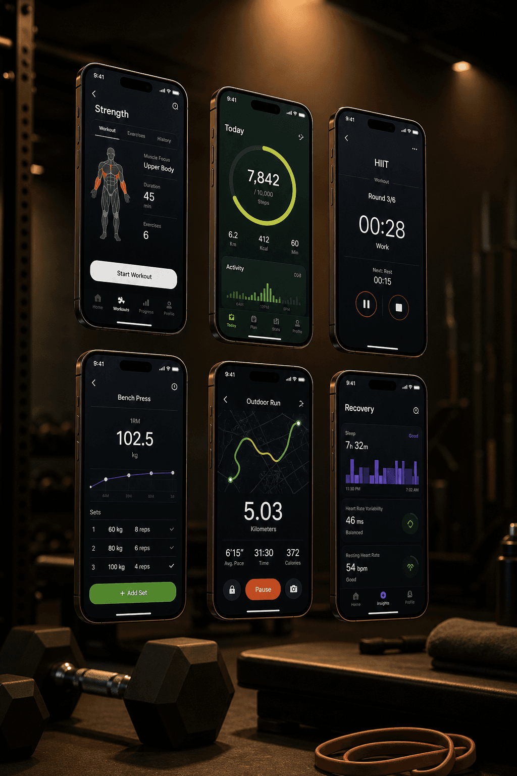 Six modern smartphones floating in a staggered grid in a dimly lit home gym, each displaying different fitness app interfaces, with dumbbells and a bench softly visible in the background.