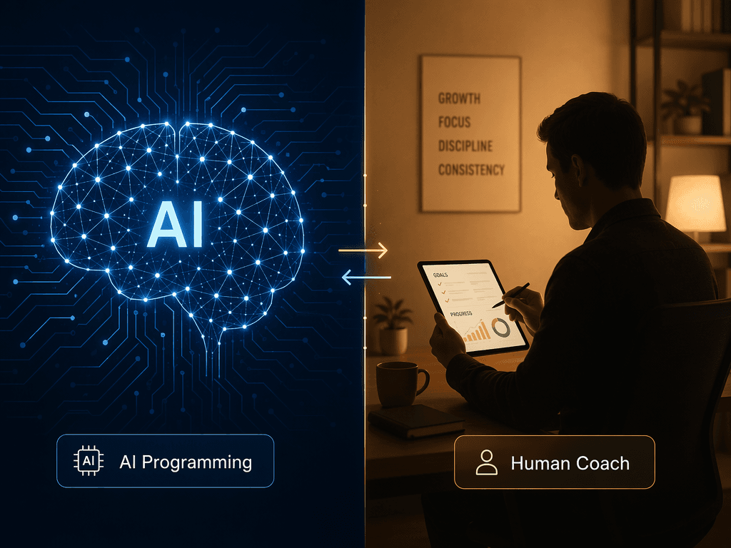 A split editorial illustration with a dark blue left side showing an abstract AI brain icon made of data nodes and connecting lines labeled 'AI Programming', and a warm amber right side showing a human silhouette reviewing a tablet labeled 'Human Coach', separated by a subtle divider with bidirectional arrows.