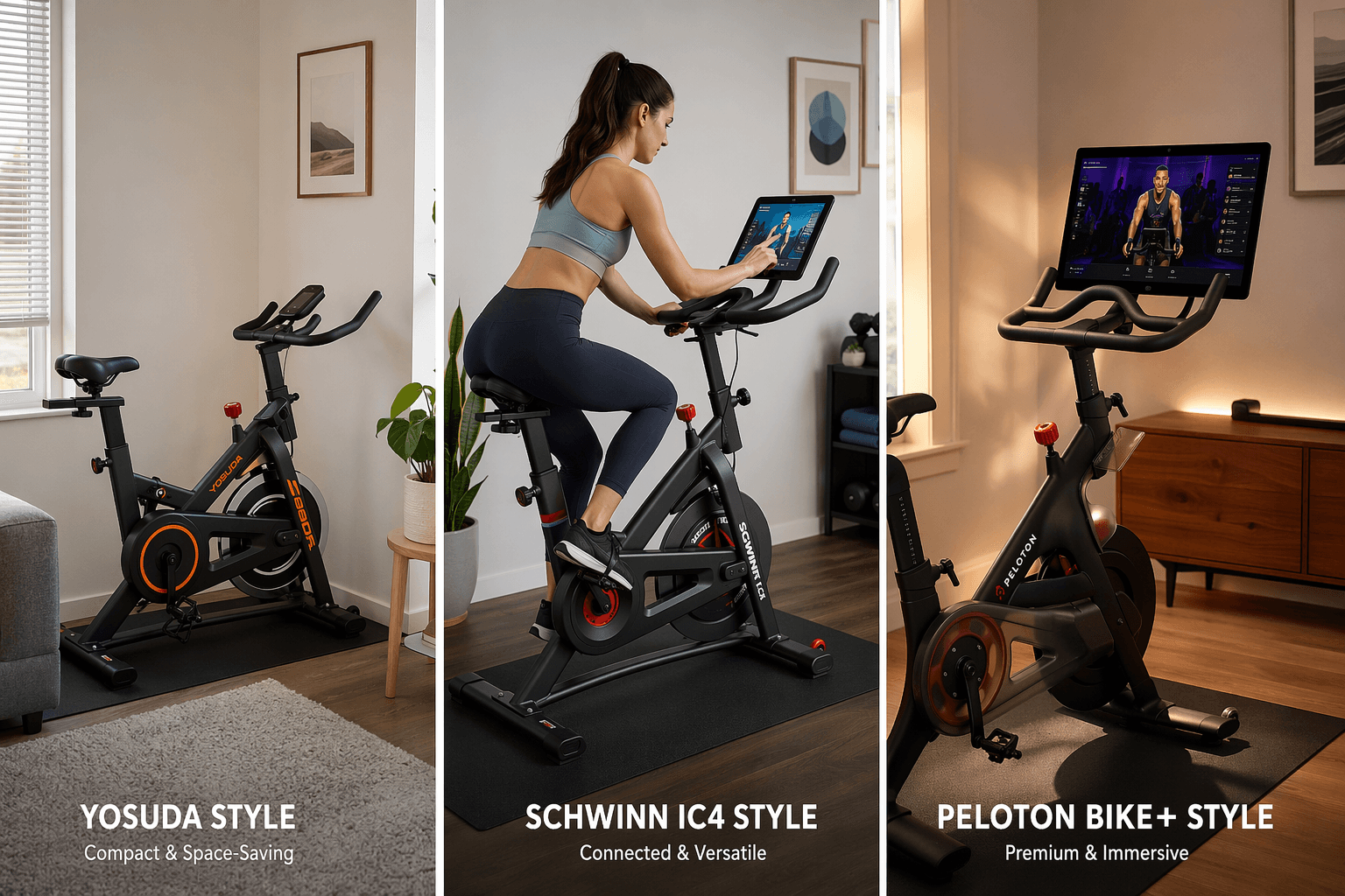 Three home fitness setups side by side: a compact bike in a small apartment corner, a mid-range bike with a tablet, and a premium bike with a large touchscreen display.