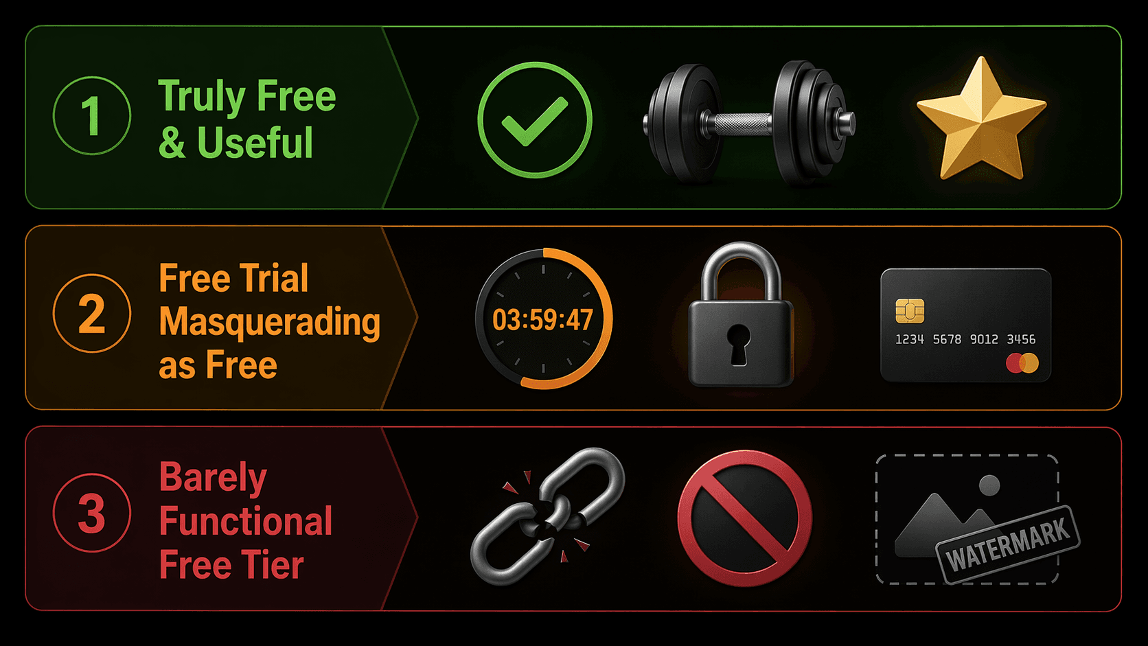A three-tier vertical infographic: top tier 'Truly Free & Useful' in green with checkmark and dumbbell icons, middle tier 'Free Trial Masquerading as Free' in amber with lock and credit card icons, bottom tier 'Barely Functional Free Tier' in red-gray with broken chain icon, on a dark background.