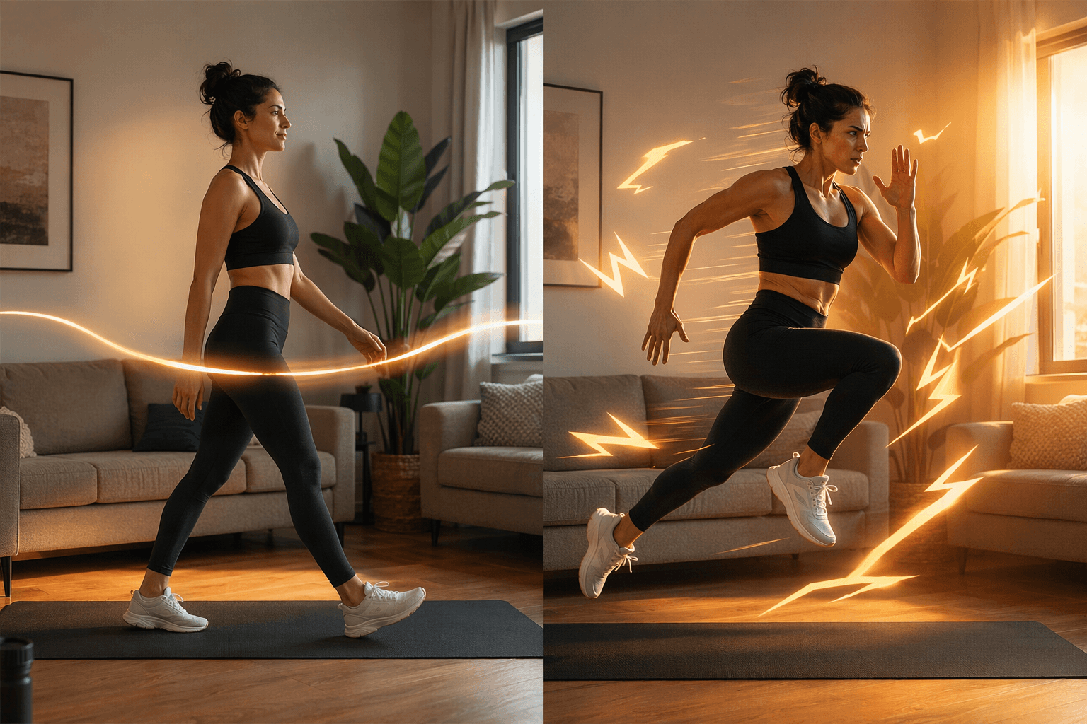 Split-scene editorial image of a living room: left side a person walking steadily on a mat with flowing motion lines; right side the same person mid-explosive lunge with sharper, brighter lines.