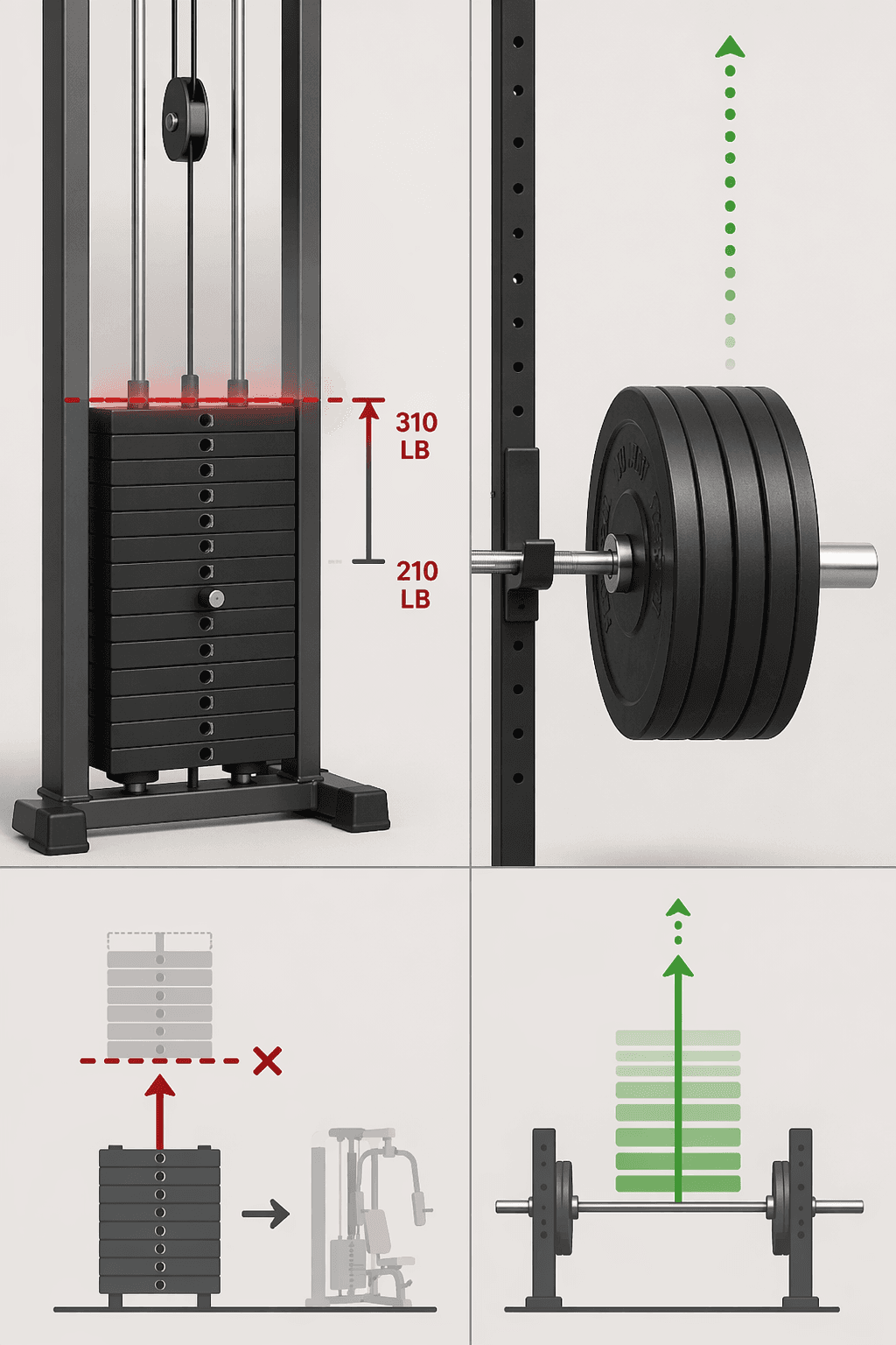 Visual comparison of a weight stack capped at 210-310 lbs versus a barbell with unlimited plate loading, with arrows showing upgrade ceilings
