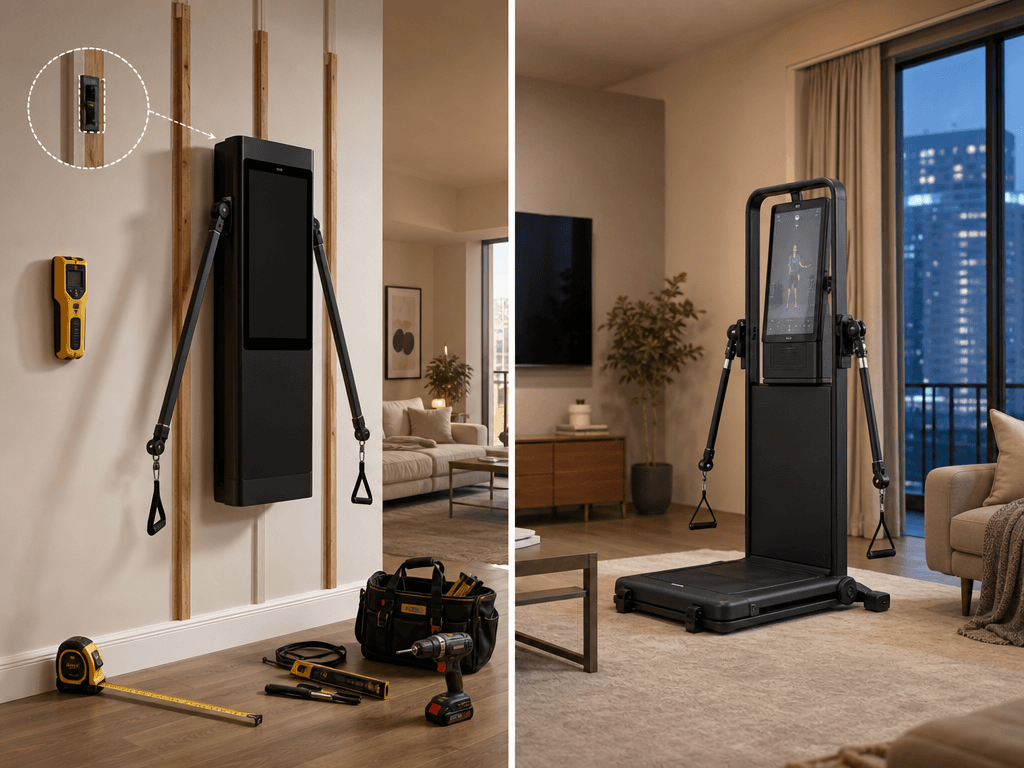 Split comparison showing a wall-mounted Tonal with installation tools on one side versus a freestanding compact home gym on carpet with no wall mounting needed.