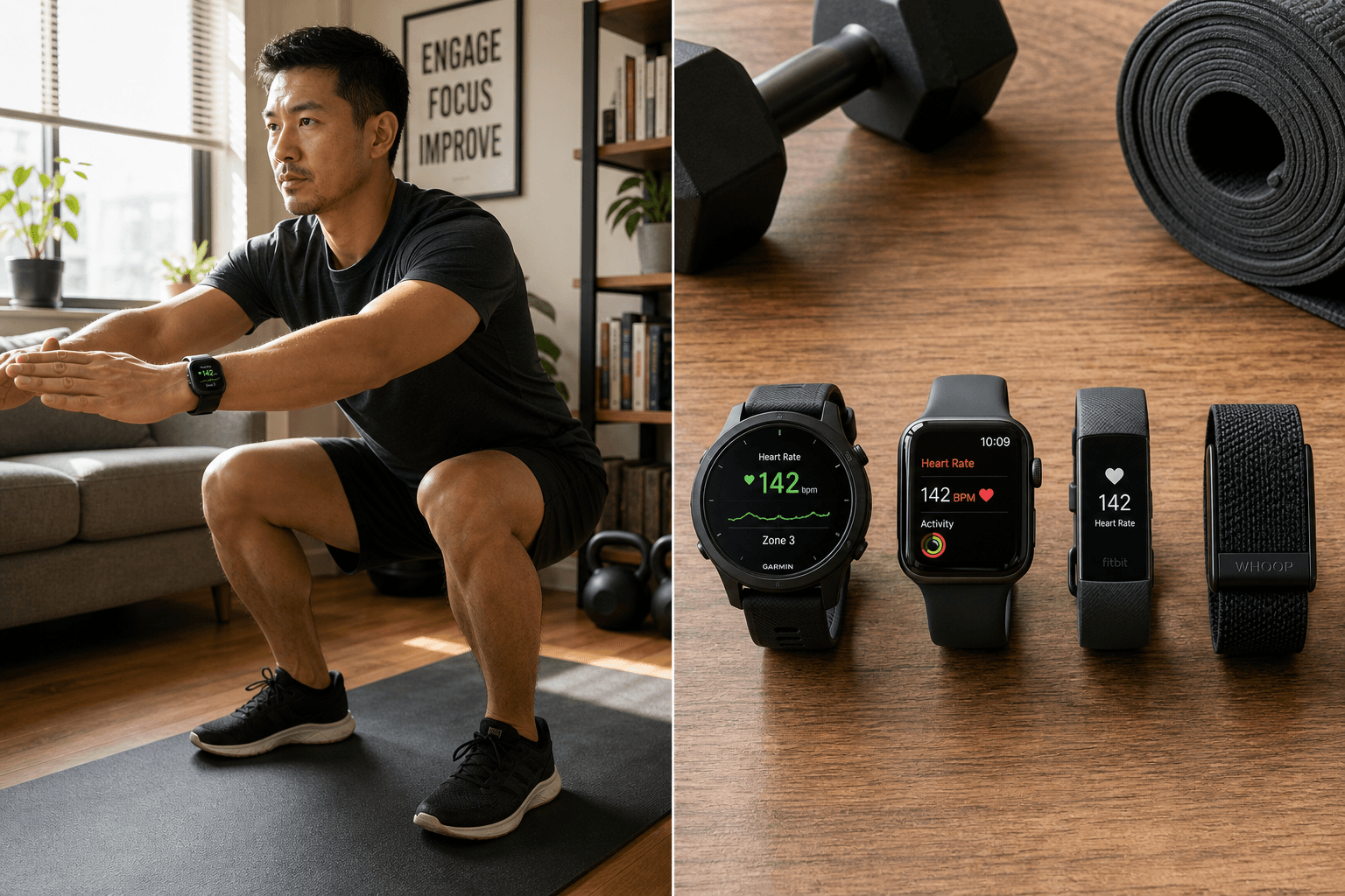 Split-composition scene: a person doing a bodyweight squat in a home gym with a smart watch on their wrist, alongside four different smart watches and fitness trackers arranged on a wooden surface with a dumbbell and yoga mat.